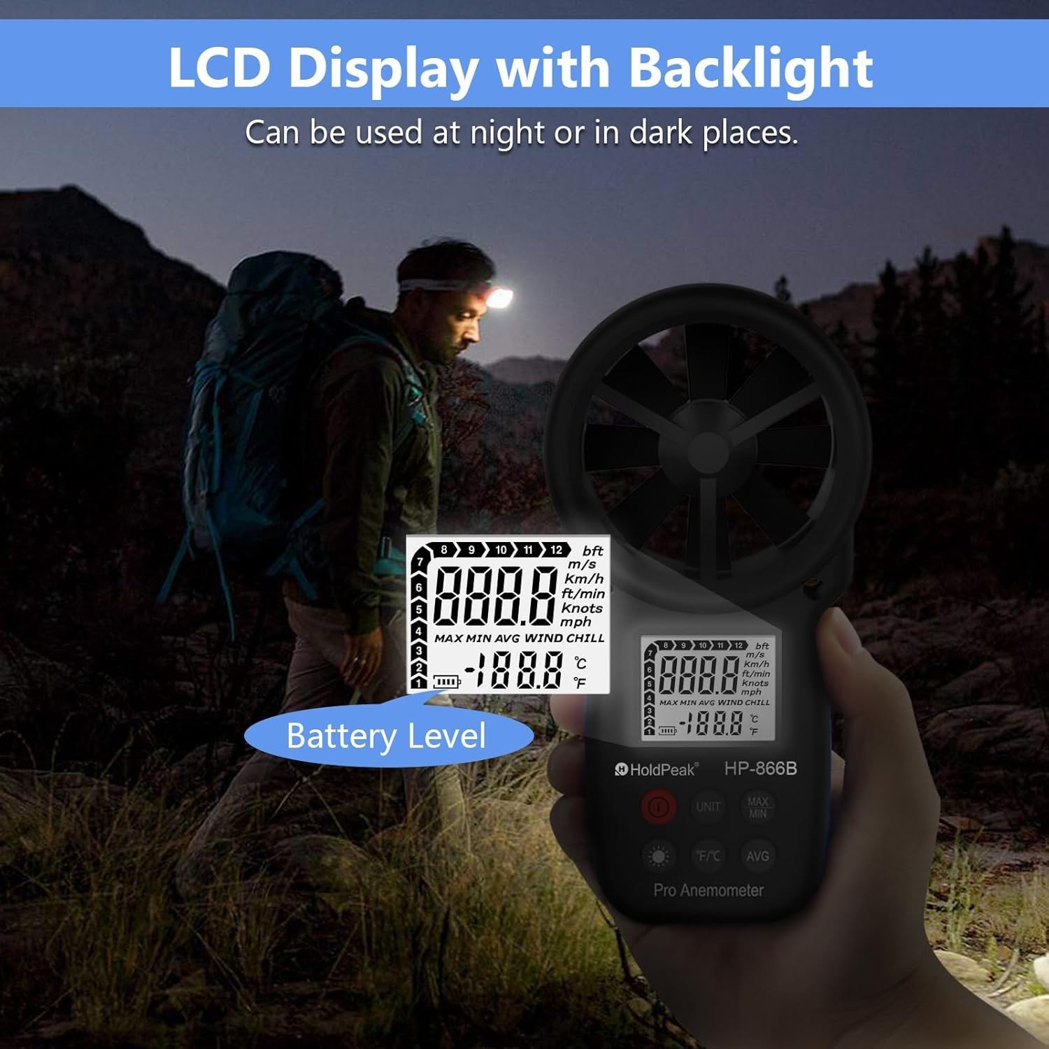 Lightweight Handheld Anemometer with Tripod Hole