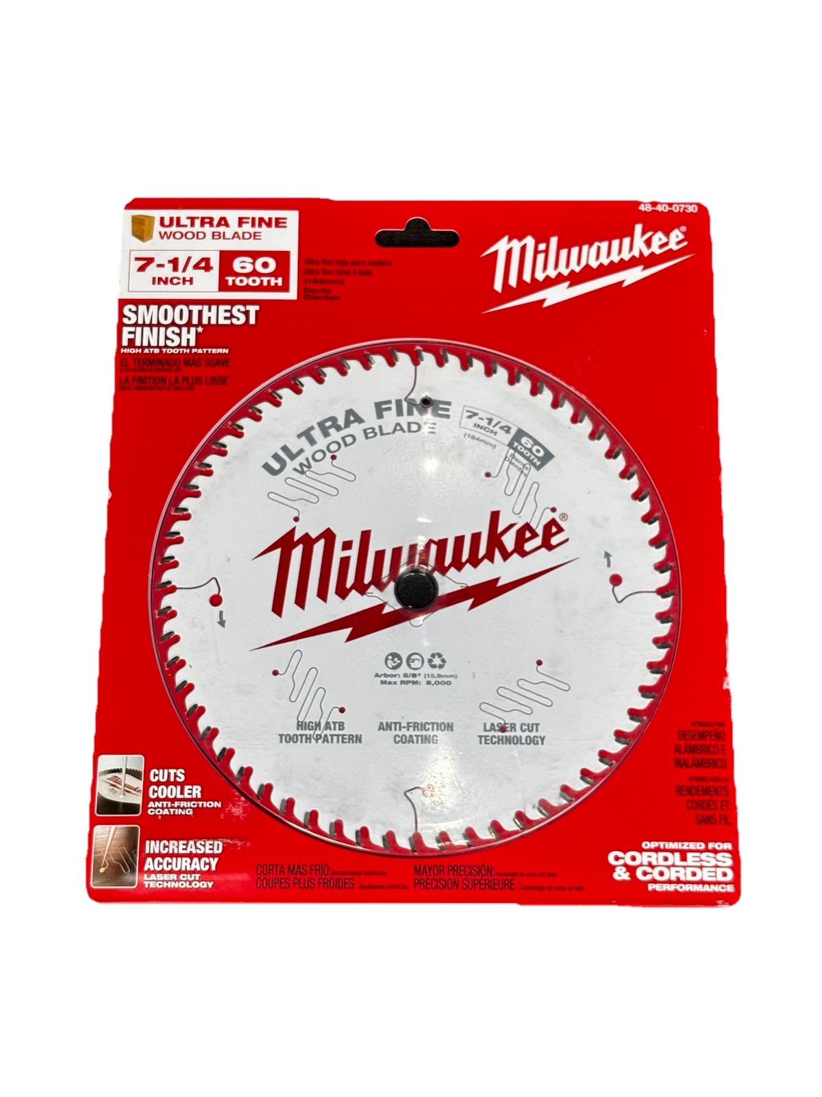 Milwaukee 7-1/4” 60 Tooth Ultra Fine Finish Circular Saw Blade 48-40-0730