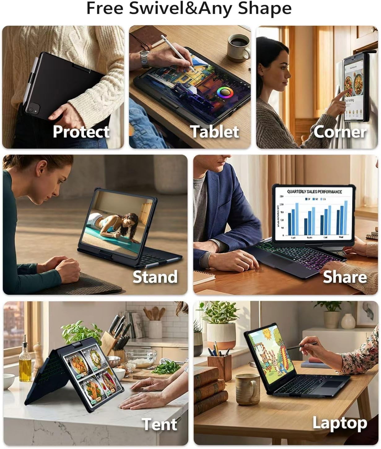 BABG iPad Keyboard Case w Touchpad 360 Swivel Rainbow Backlit Black