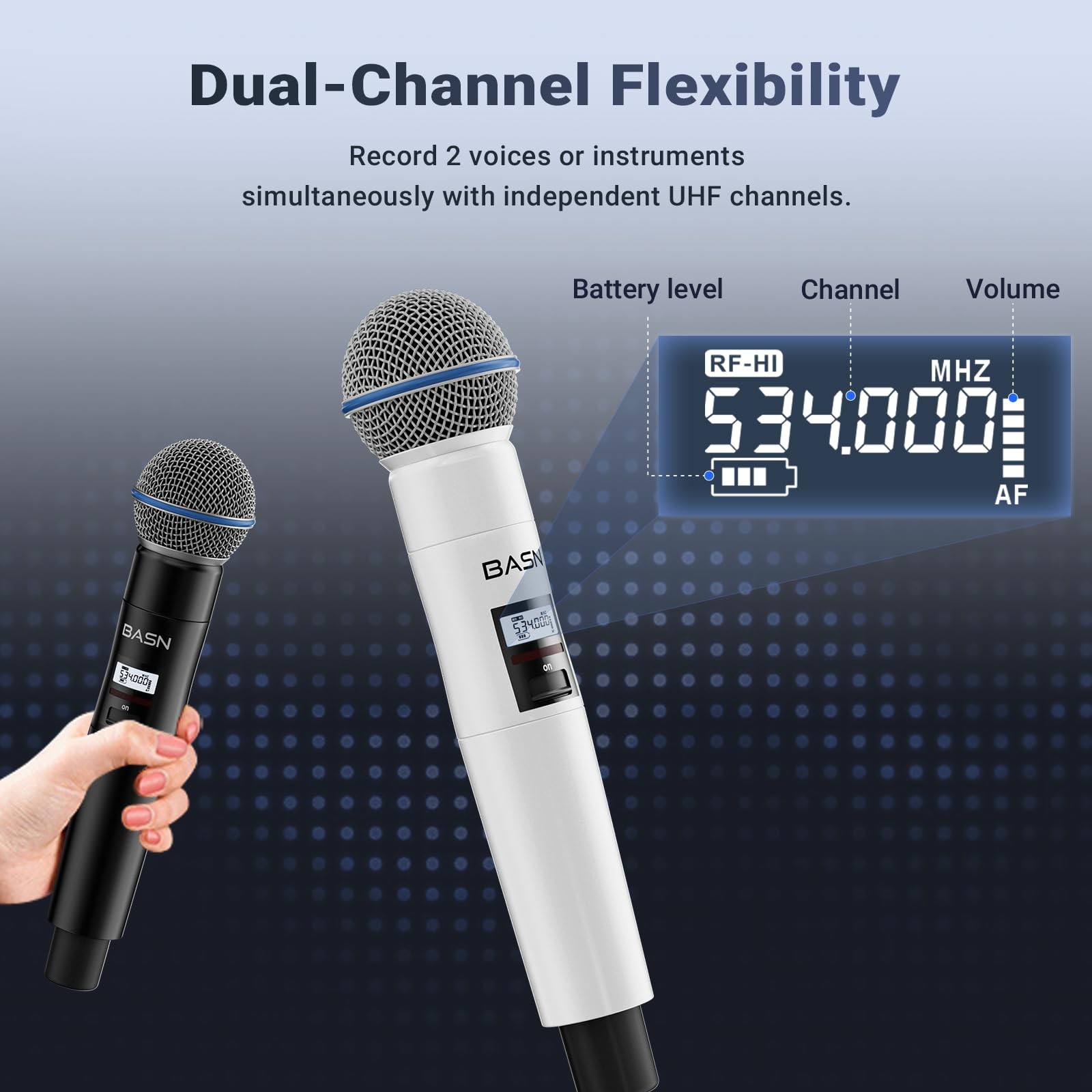 BASN Wireless Two Microphone System with UHF Dual-Channel Black & White