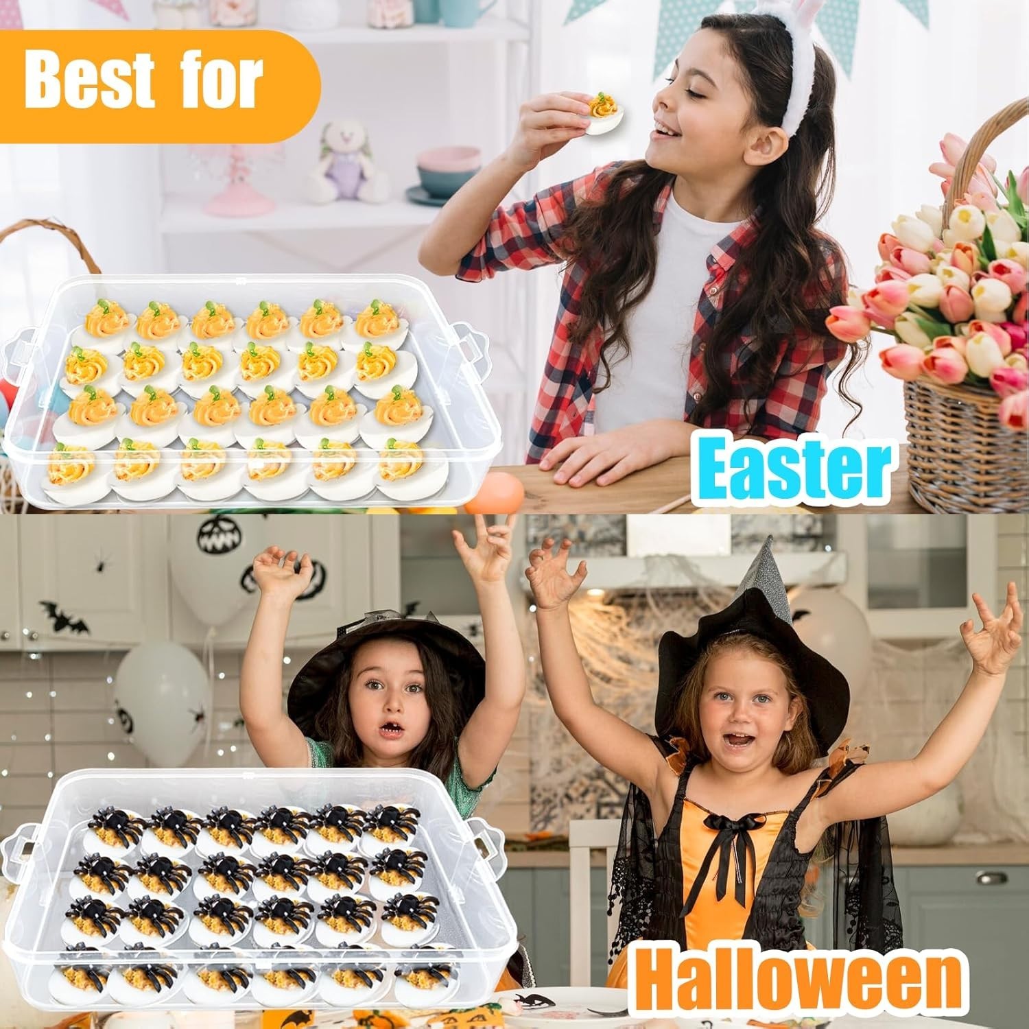2-Layer Deviled Egg Carrier with Lid, Holds 48 Eggs, Clear Stackable Trays