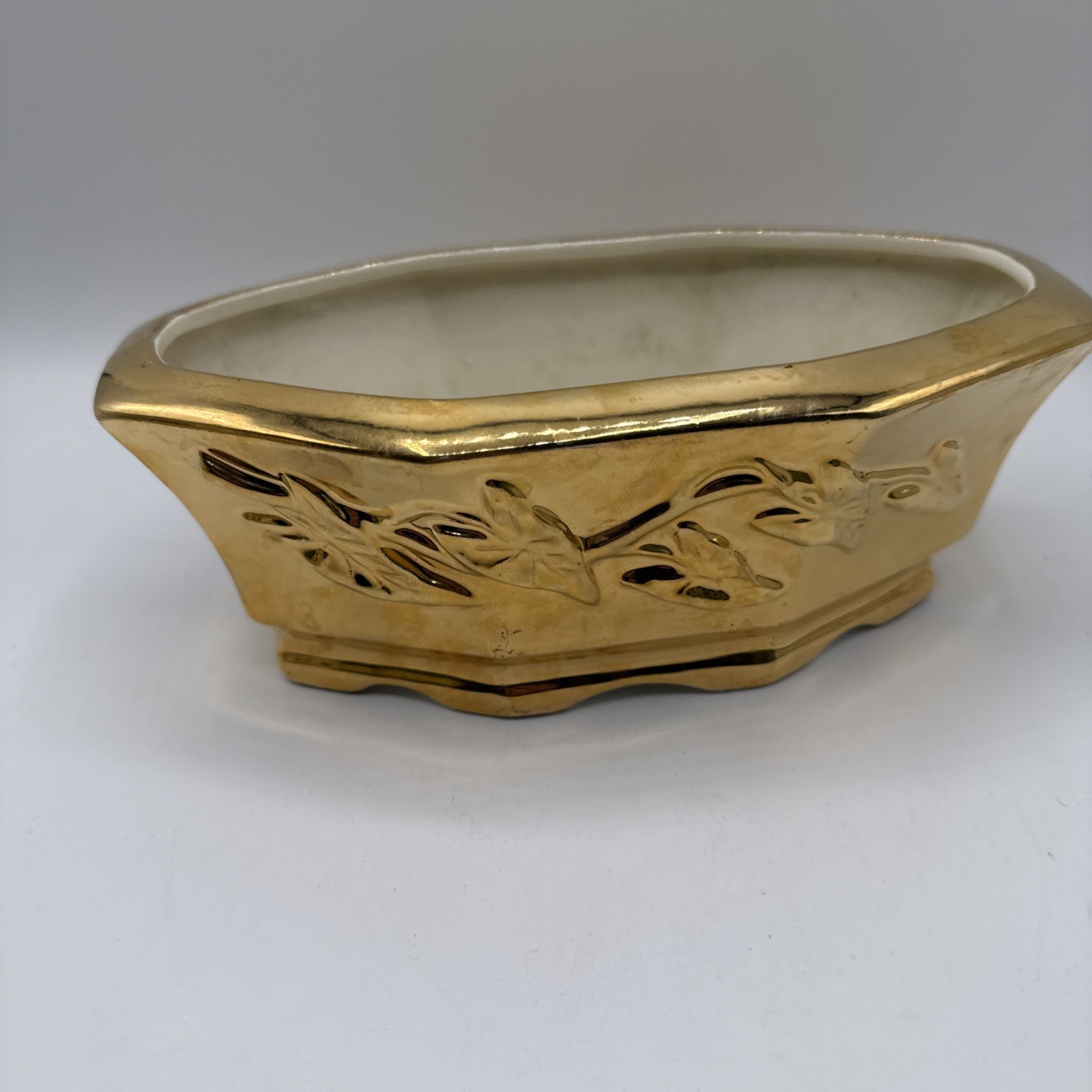 Vintage Gold Ceramic Planter Bowl Raised Ivy Design Hollywood Regency Style 8.5"