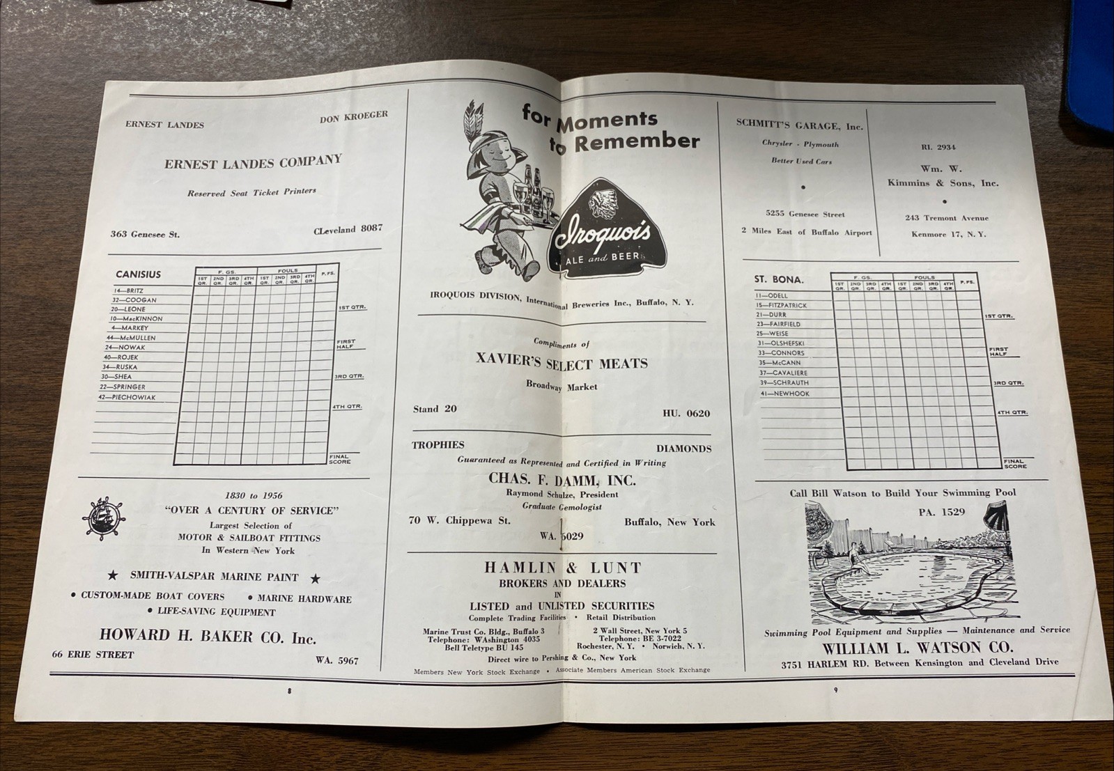 RARE 1957 NCAA Basketball Program AUD Canisius vs St Bonaventure
