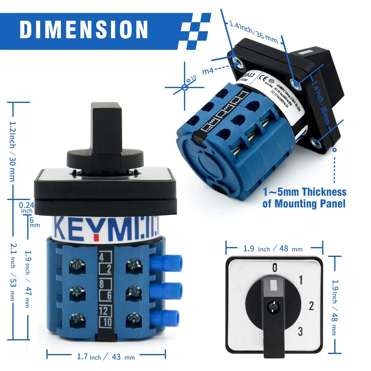 KEYMOO 20A Rotary Changeover Switch 660V 4 Position 3 Phase 12...