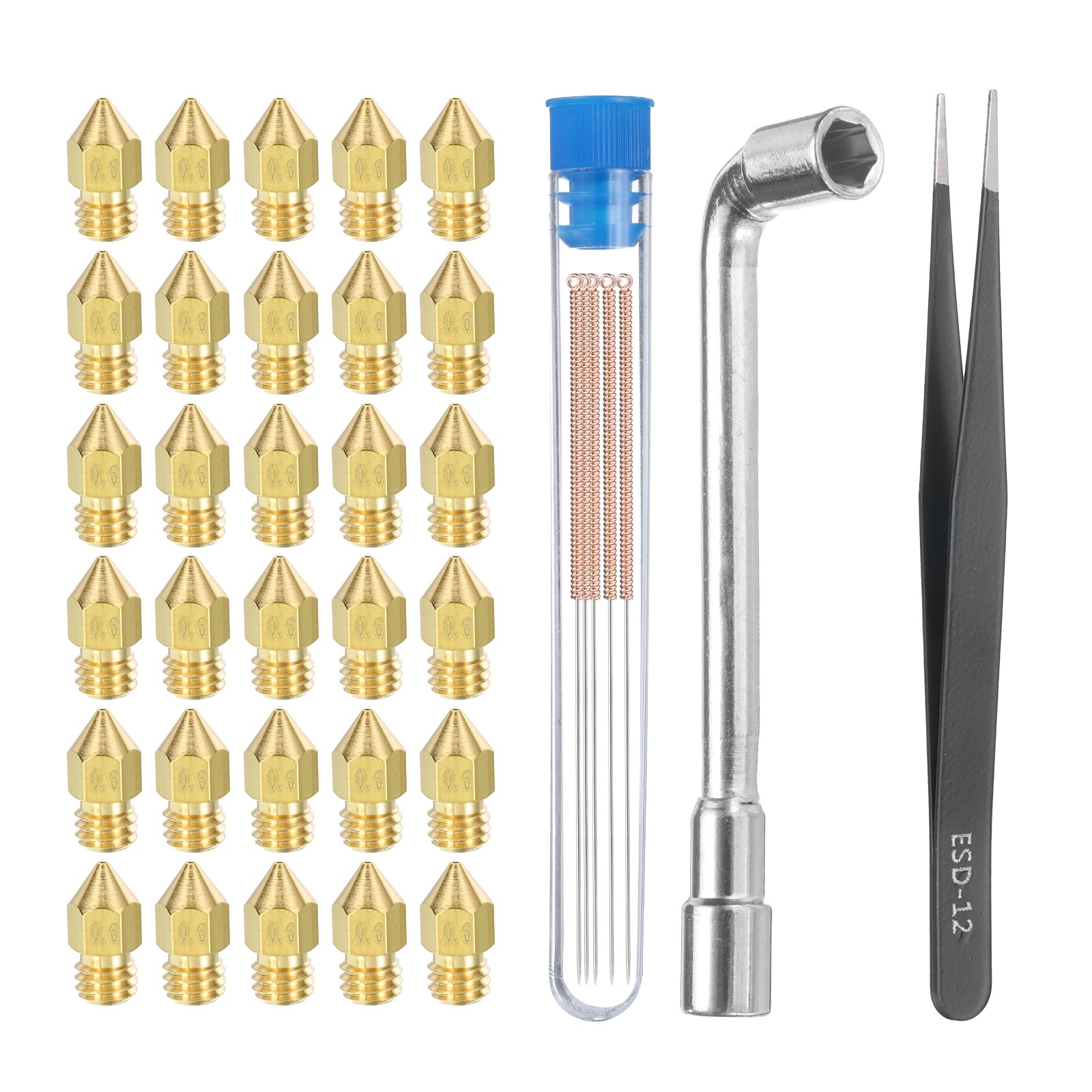 3D Nozzles Kit, 30pcs 3D Printer Brass Nozzles 0.6mm, 5pcs Cleaning Needles