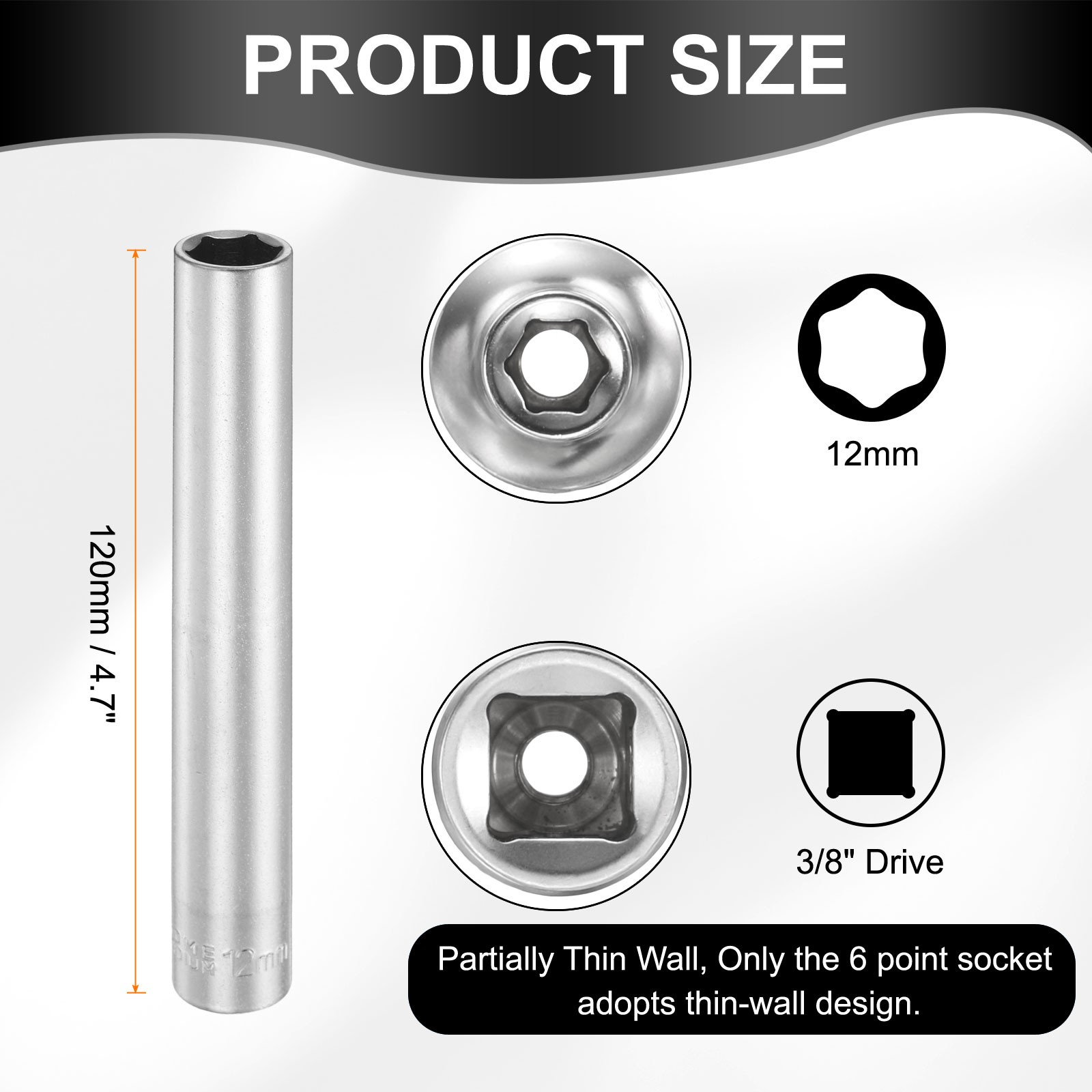 6 Points Deep Socket 3/8" Drive 12mm Nickel Plating Flip Sleeve 4.7" Long
