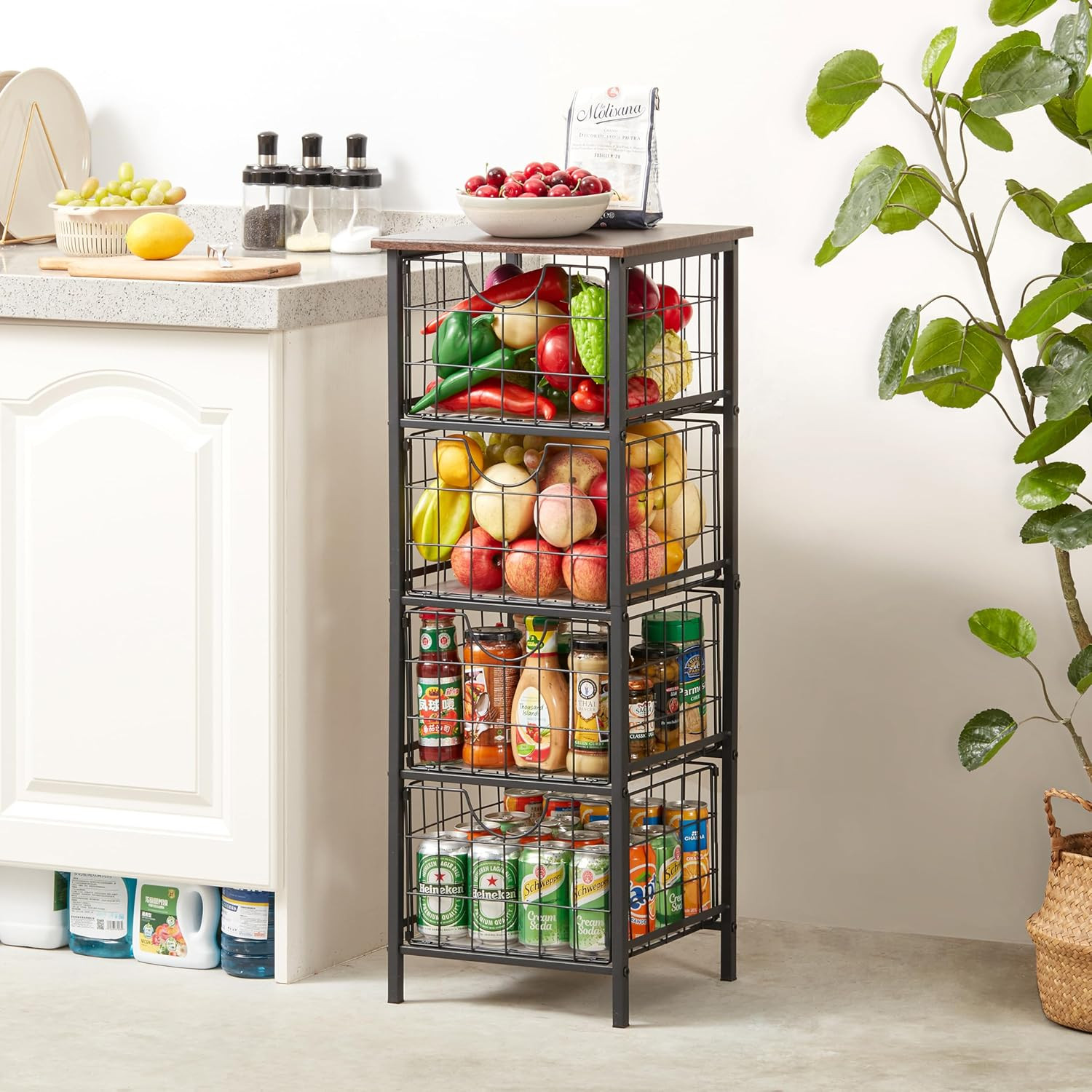 5-Tier Freestanding Storage Shelves with 4 Pull-Out Baskets,Bathroom Organizer S