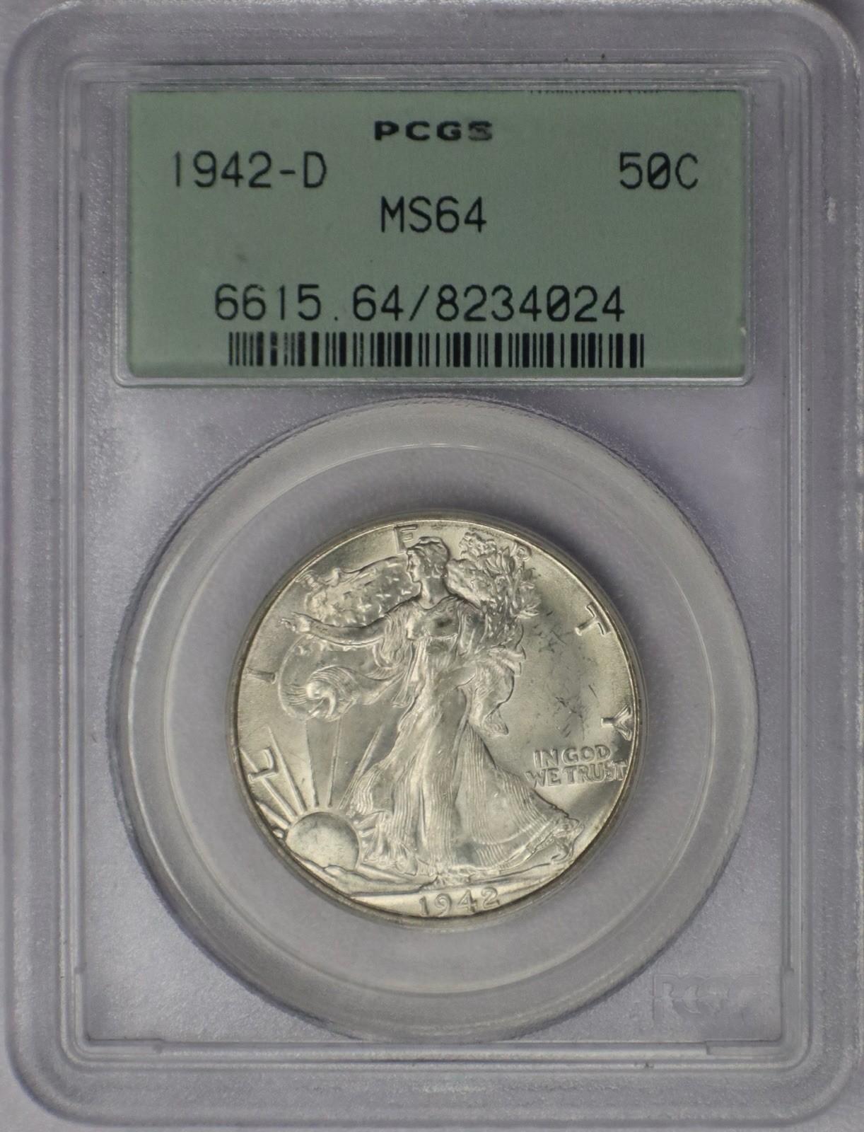 1942-D 50c Walking Liberty Half Dollar - PCGS MS 64 OGH