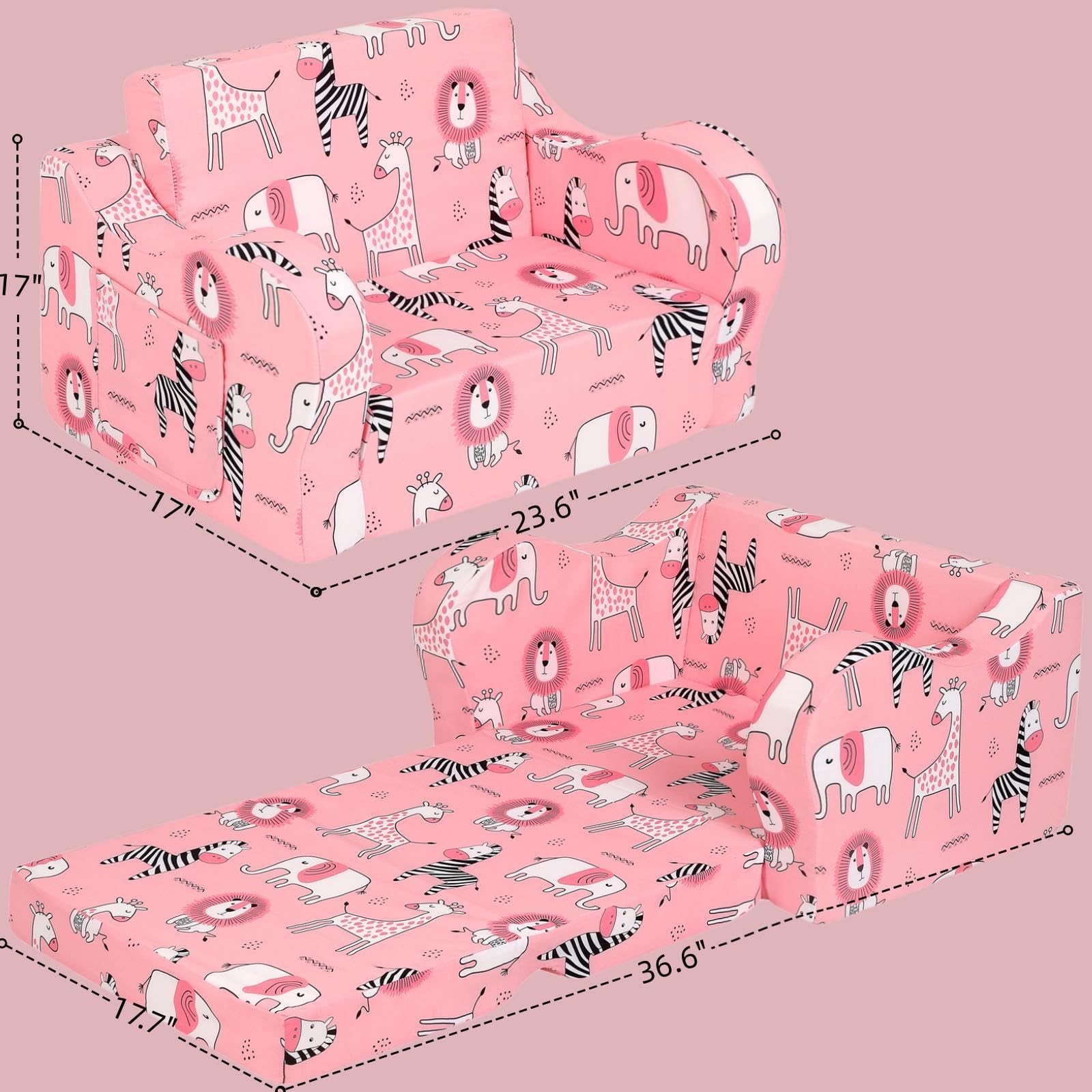 Sofa, 2-in-1 Flip-Out Foam Couch, Foldable Soft Play Lounge Chair, Pink