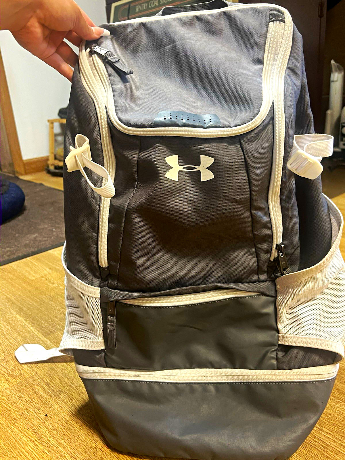 Under Armour Gray/White Hiking Backpack Zip Closure Padded Straps Pockets