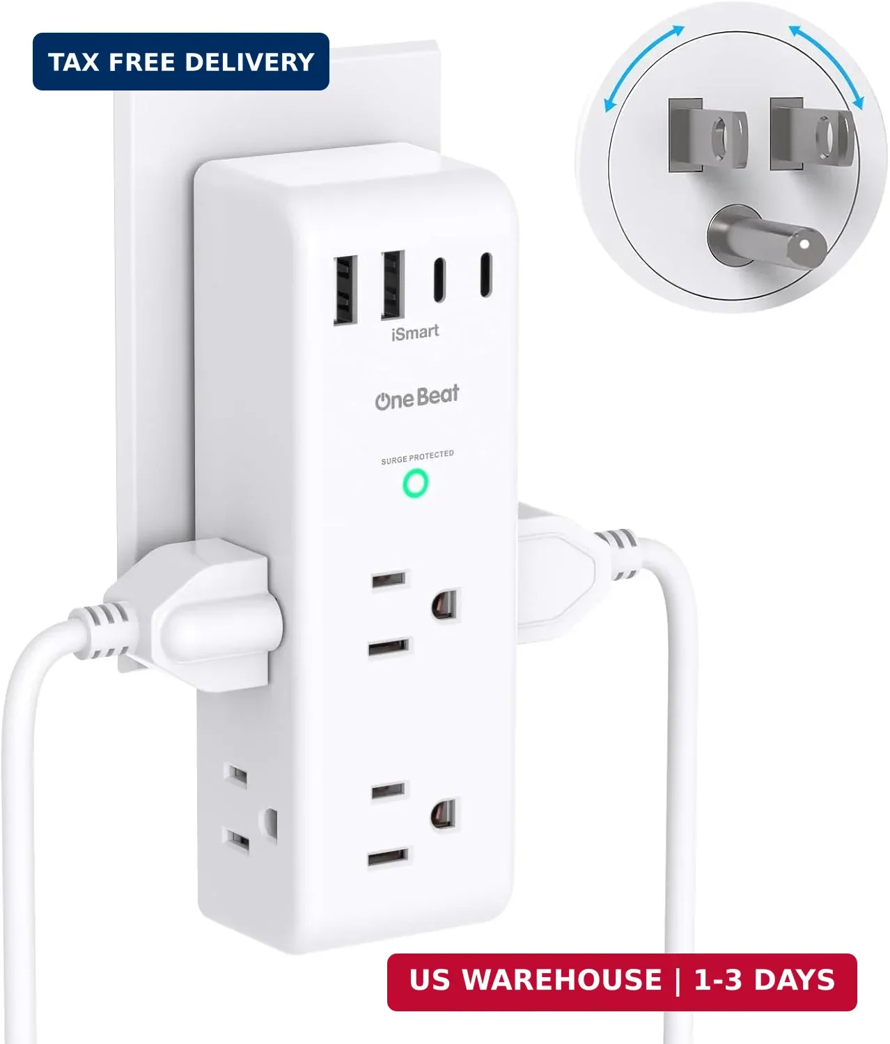 Surge Protector Outlet Extender with Rotating Plug, Multi Plug Wall Outlet | 6 A