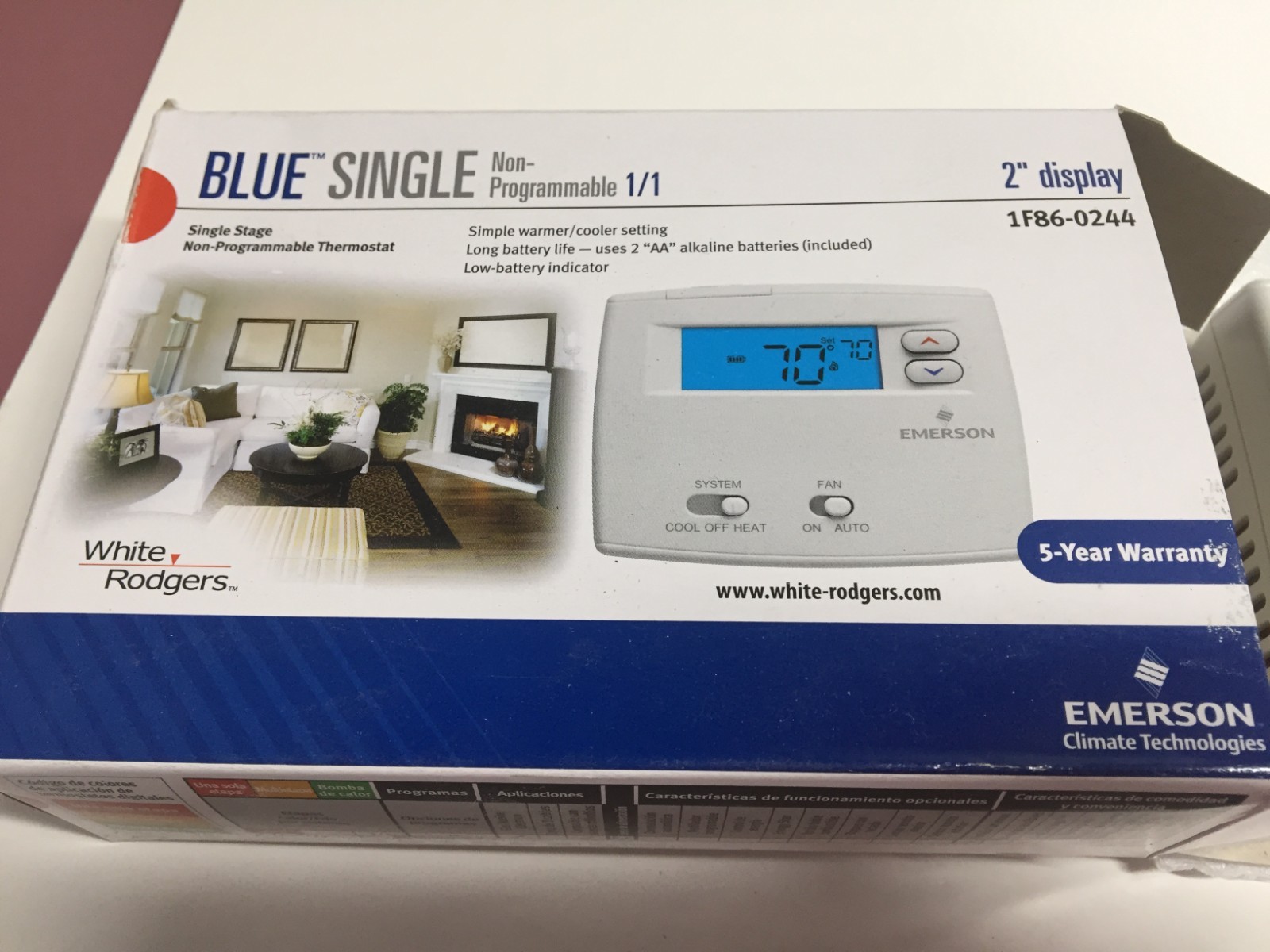 White-Rodgers Emerson 1F86-0244 Dual-Powered Non-Programmable Thermostat, 1H/1C