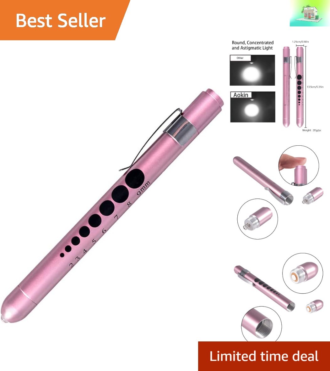 Sleek Reusable LED Medical Flashlight - Pupil Gauge & Ruler, Rose Gold Finish