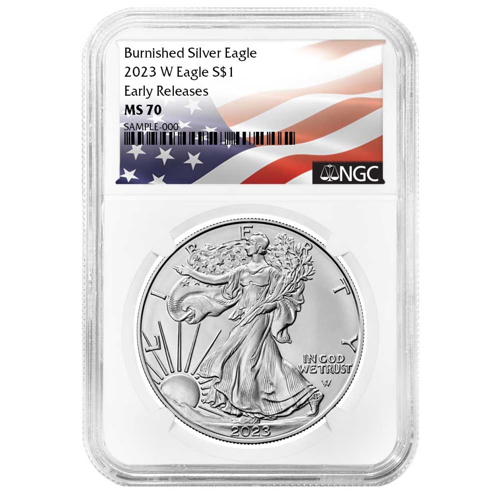 2023-W Burnished $1 American Silver Eagle NGC MS70 ER Flag Label