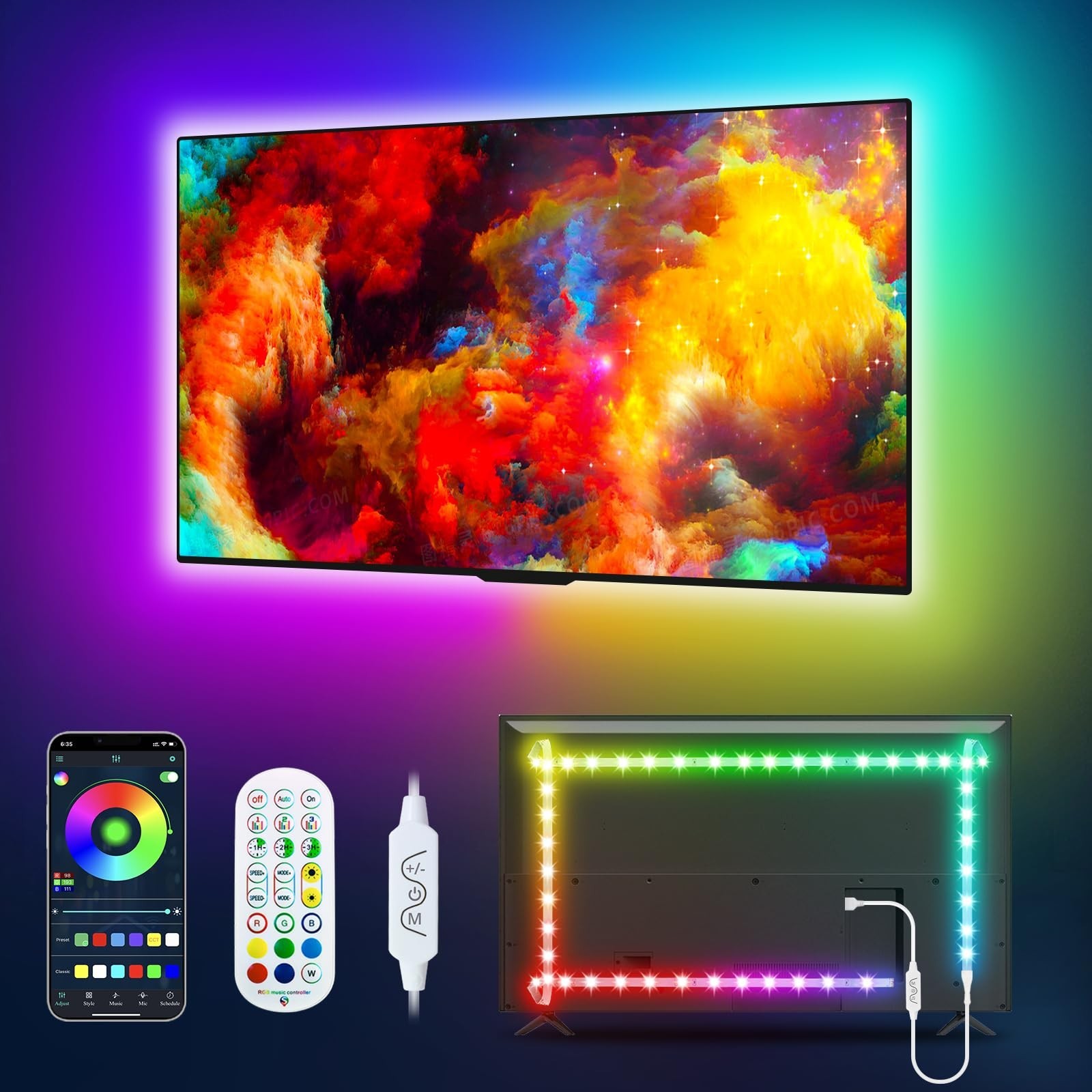 Daymeet LED Lights for TV, 13.1ft TV Lights for 45-60in Tvs, RGB Music Sync T...