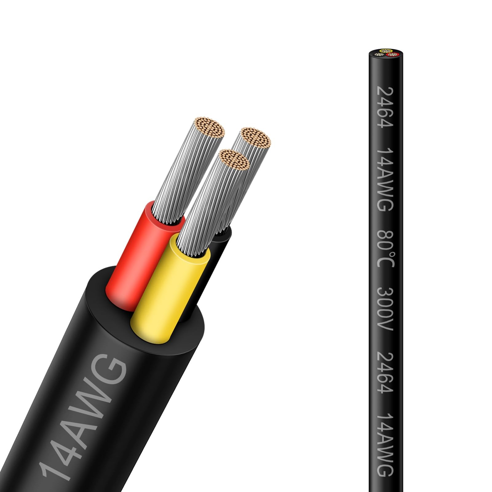 14 Gauge 3 Conductor Electrical Wire, 16.5FT 2464 14AWG 3 Wire 16.5 FT, Black