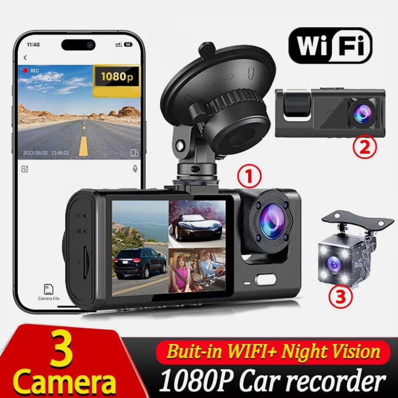 New Arrival !!! 3 Camera Dash Cam 1080P Video Recorder WIFI Car DVR View Cameras