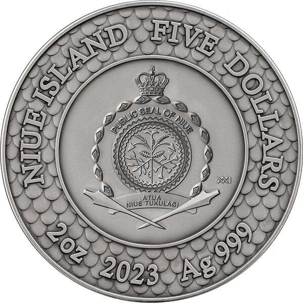 2023 Niue Black Pearl and Dragon Divine Pearls 2 oz Antique finish Silver Coin