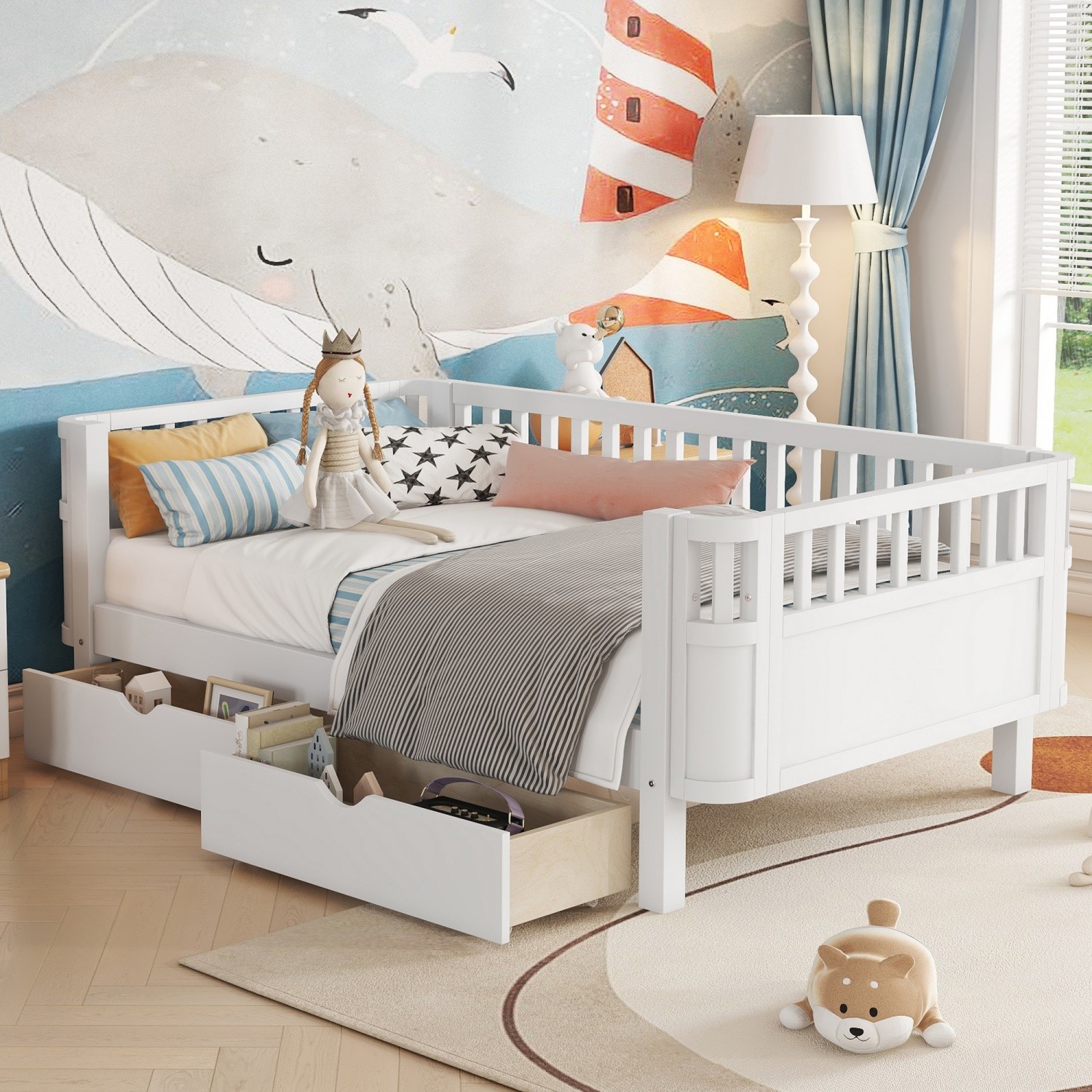 Twin Size Wooden Platform Bed Frame for Kids w/ Safety Guardrails & 2 Drawers