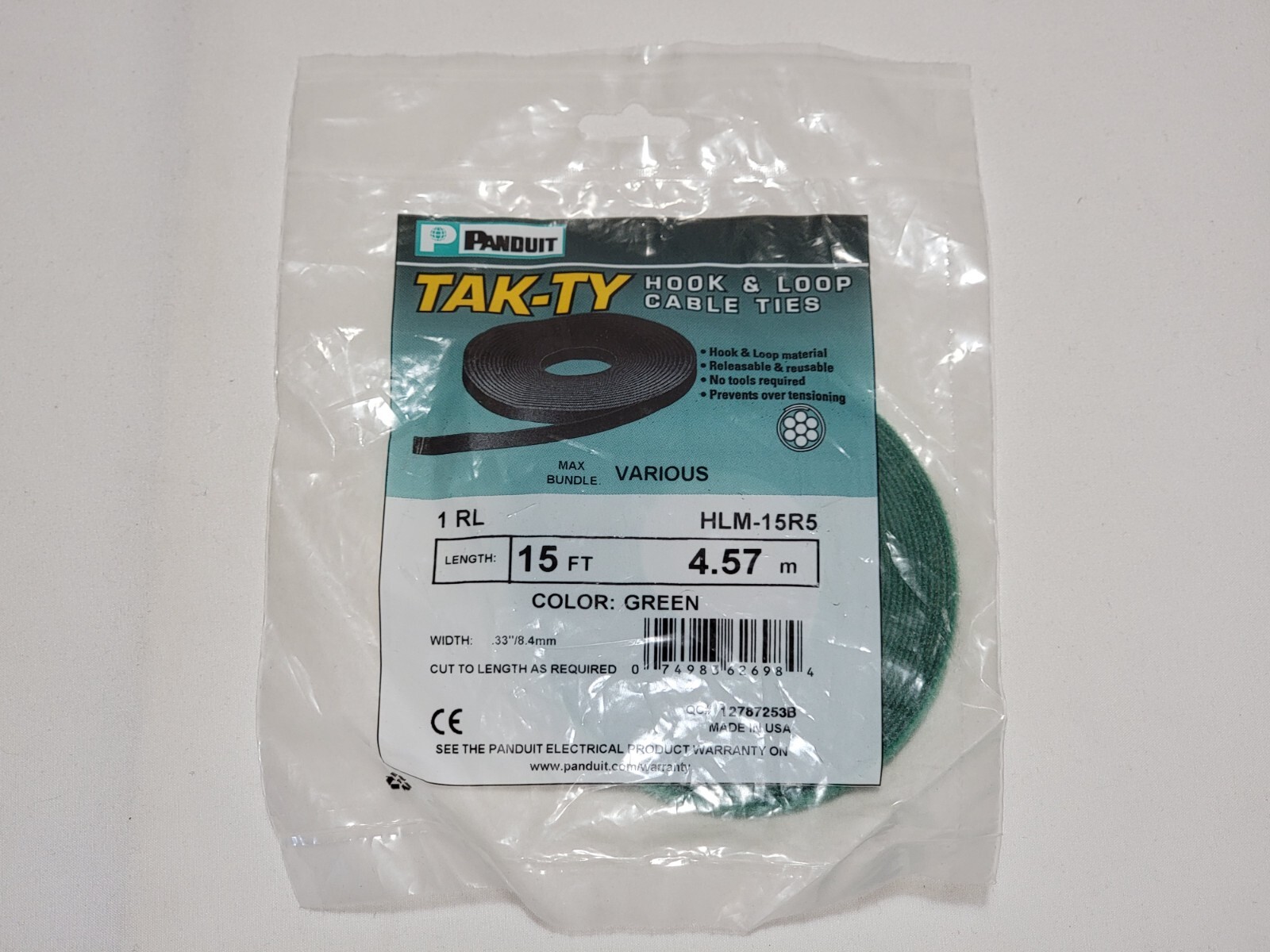 NEW Panduit TAK-TY Hook & Loop Cable Ties GREEN 15 ft X 0.33 in HLM-15R5 SEALED