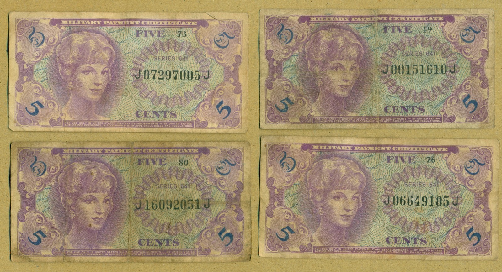 Vietnam US Military Payment Certificate 5 Cents Series 641. Lot of 4 pieces B