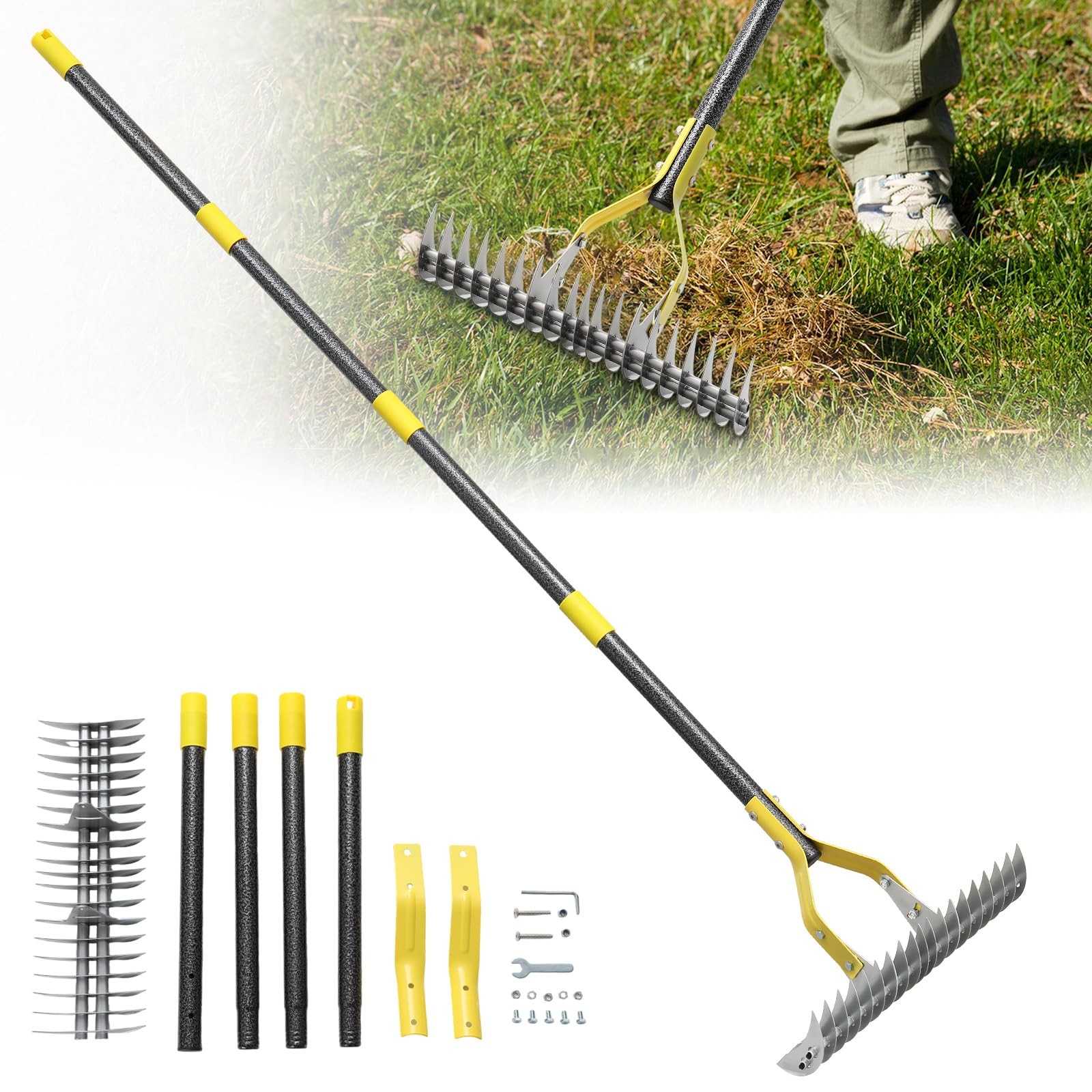Best Thatch Rake, 55 inch Heavy Duty Dethatcher Rake Adjustable Dethatching for