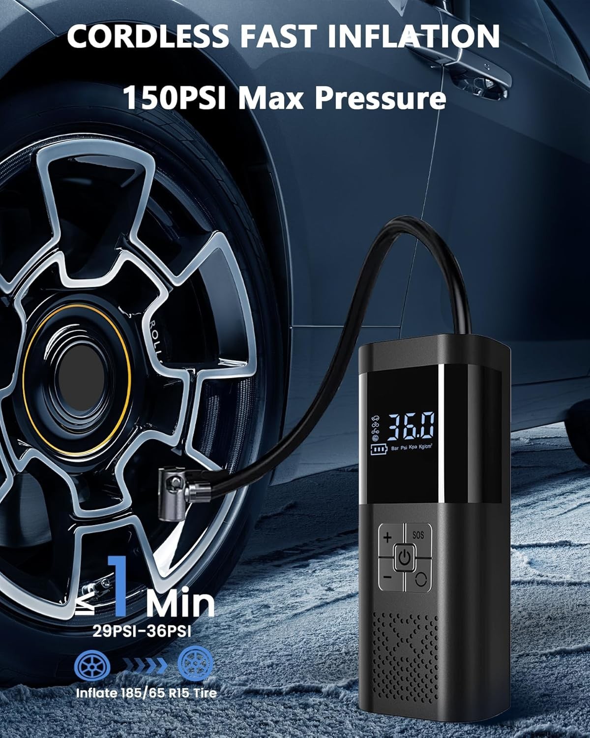 150PSI Tire Inflator Portable Air Compressor Intelligent Cordless Car Air Pump