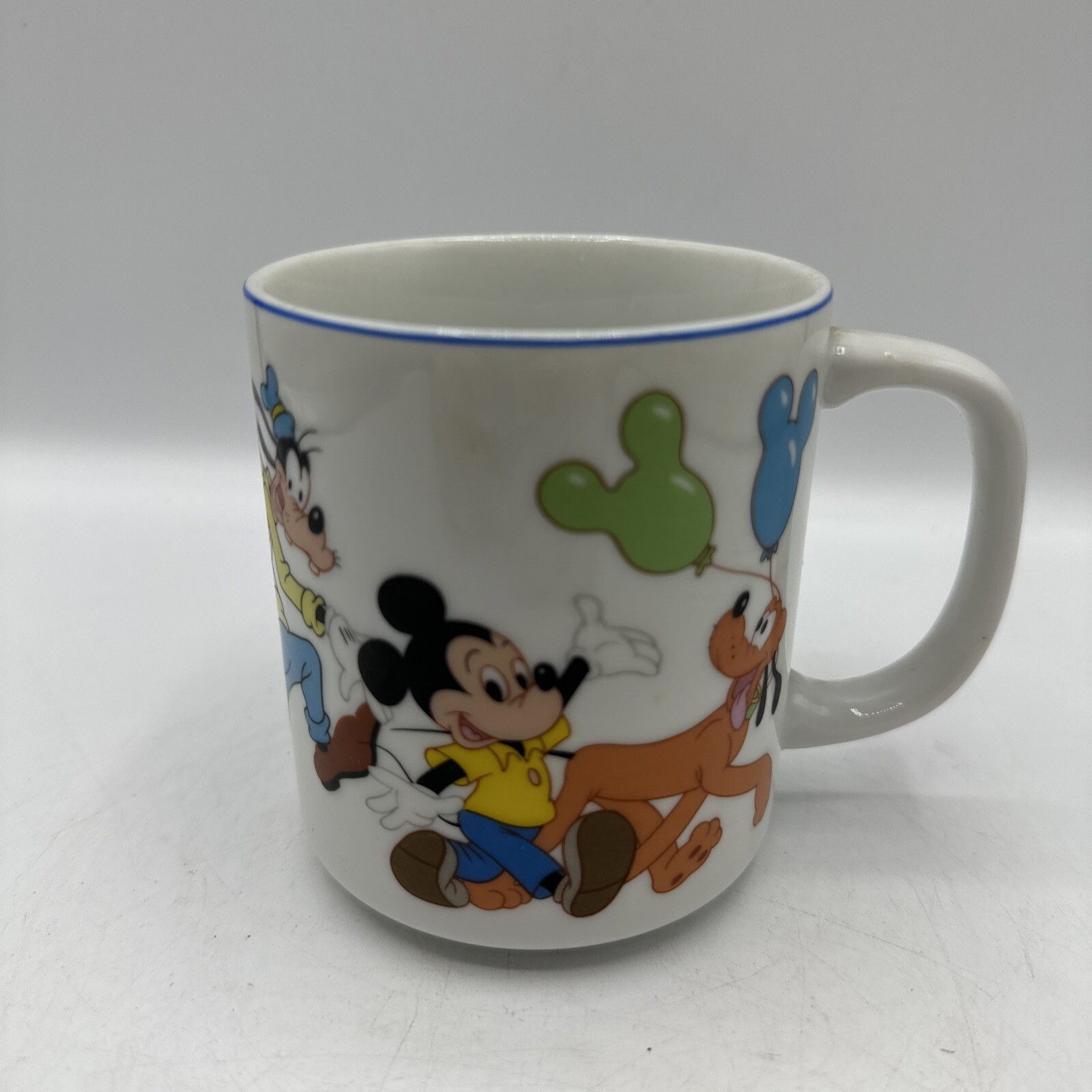 Vintage Disneyland Disney World Parade Mug Mickey Minnie Goofy Blue Rim Japan