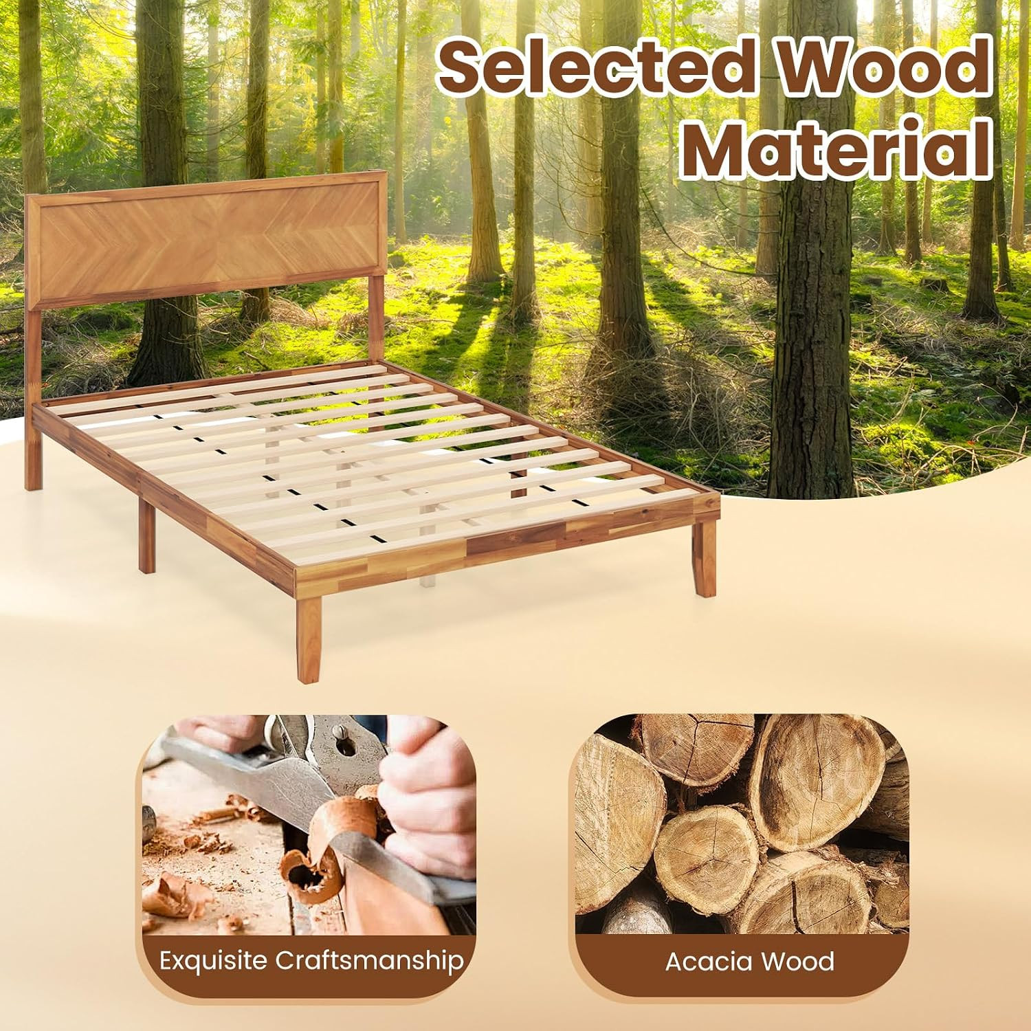 Wood Queen Bed Frame with Headboard, Solid Acacia Wood Platform Bed with 12 Stro