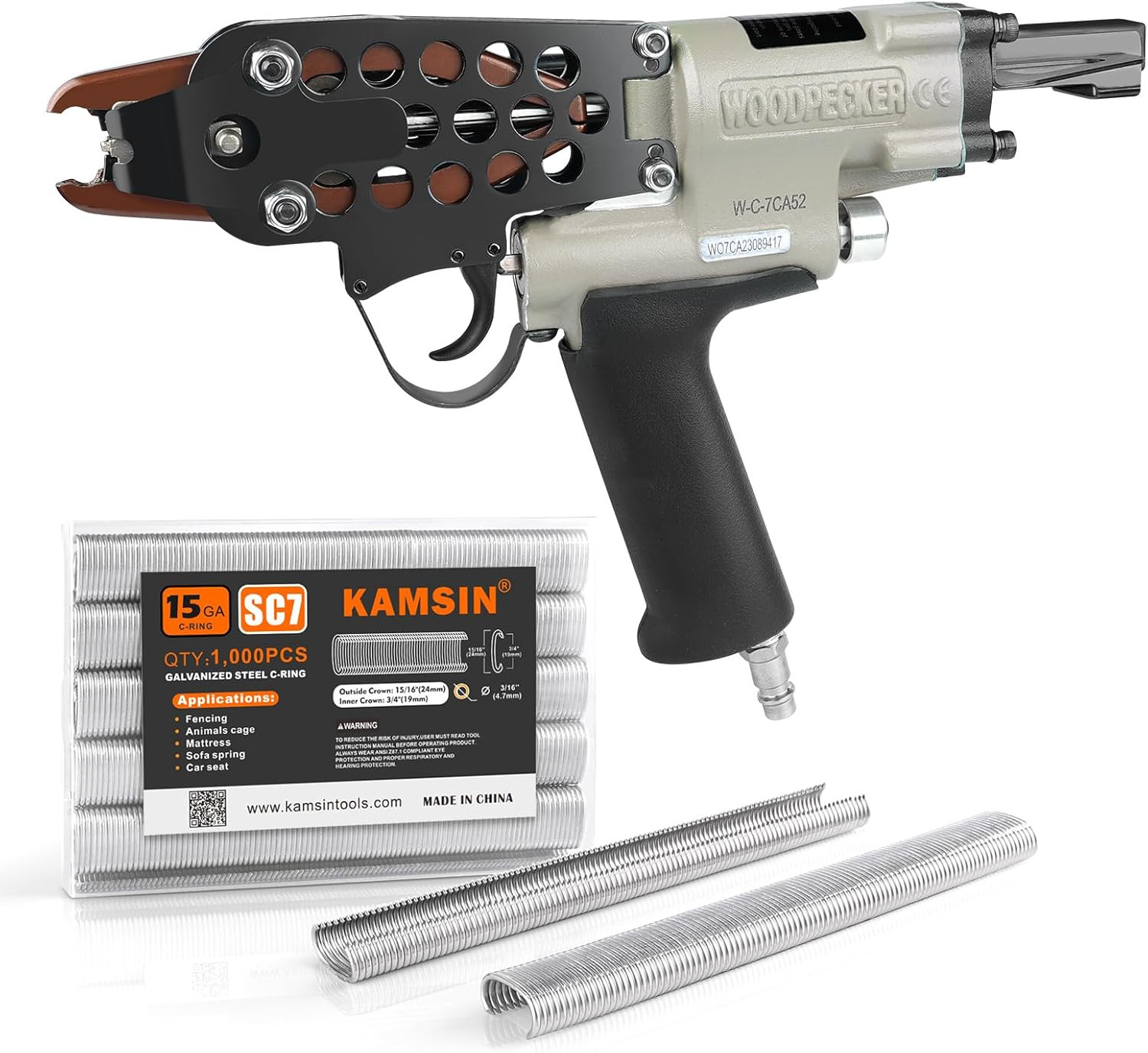 Woodpecker C-7CA 15 Gauge Pneumatic Hog Ring Gun Kit, 3/4" Crown Air Hog Ring Pl