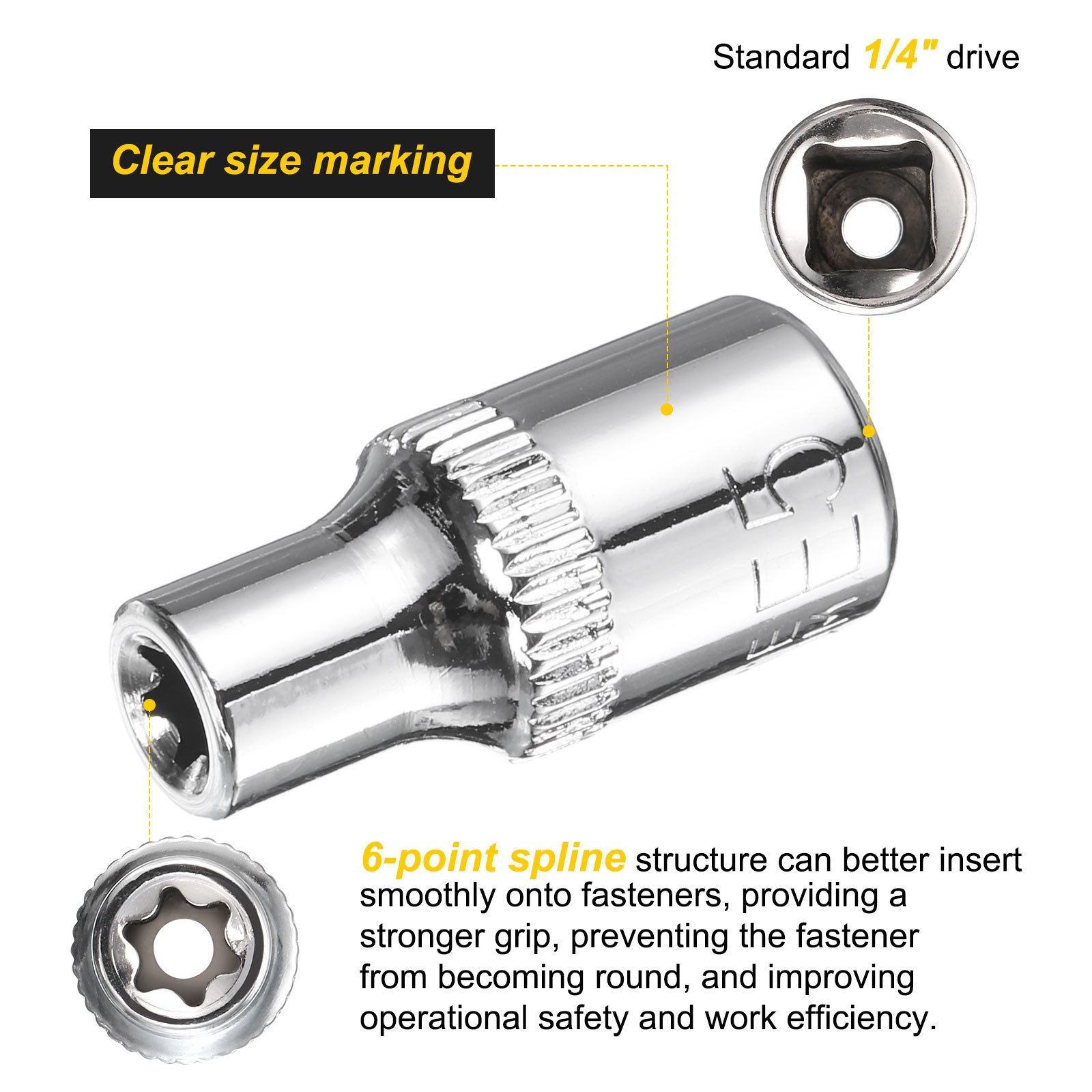 3pcs E-Torx Socket 1/4" Drive E5 Star Socket 1" Length 6 Point Spline Sleeve,