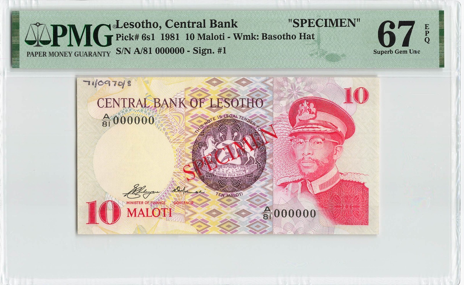 LESOTHO 10 Maloti 1981, P-6s1, SPECIMEN, PMG 67 EPQ Superb Gem UNC, TOP POP