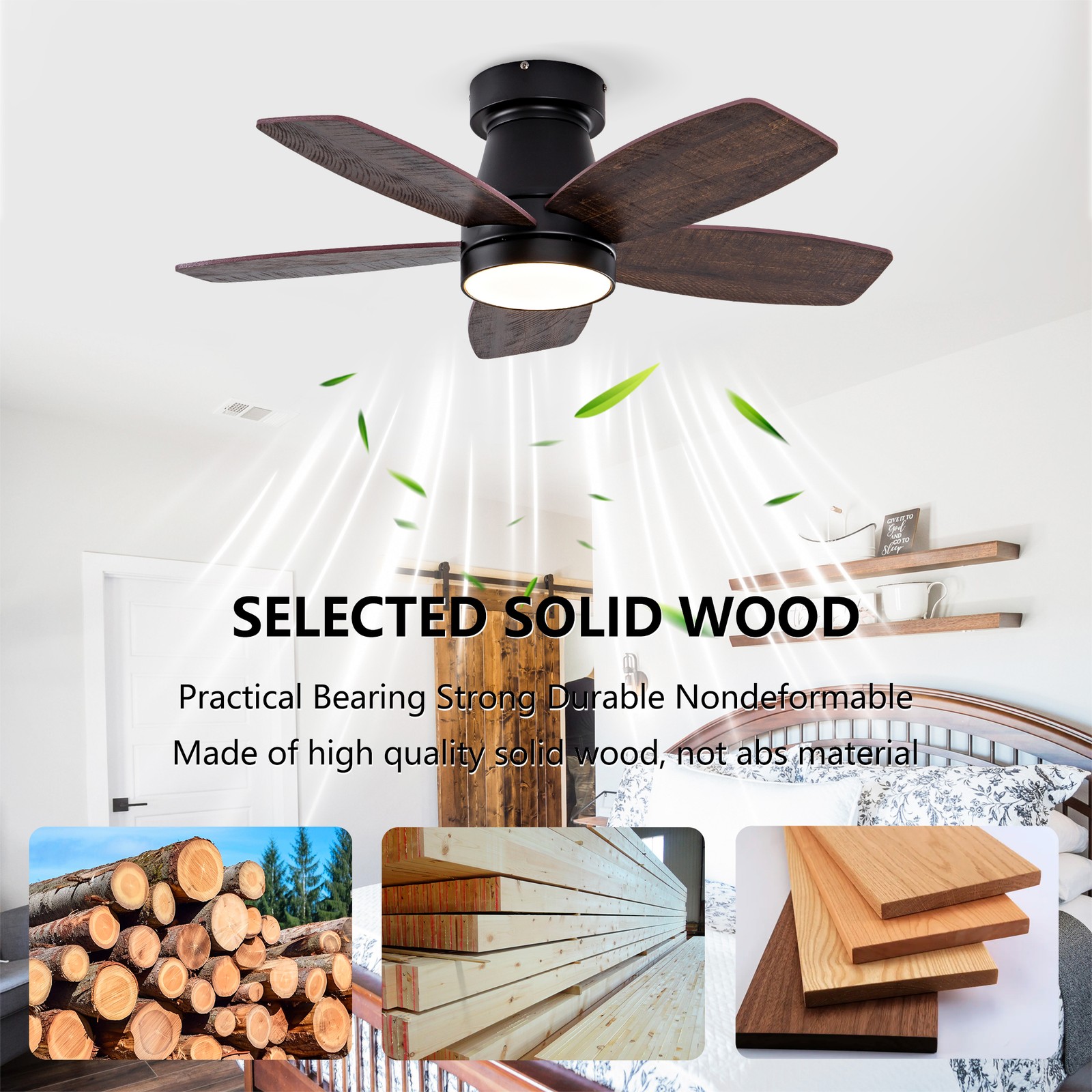 32" Low Profile Ceiling Fan with Light & Remote, Modern Ceiling Fan for Bedroom