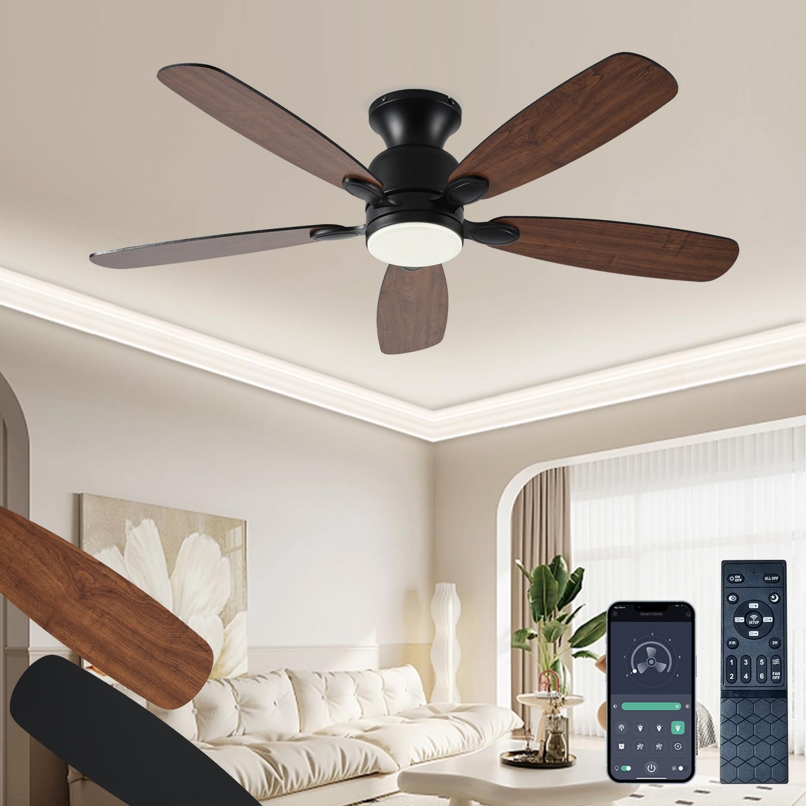 52inch Low Profile Ceiling Fan with Light and Remote/APP Control,Reversible D...