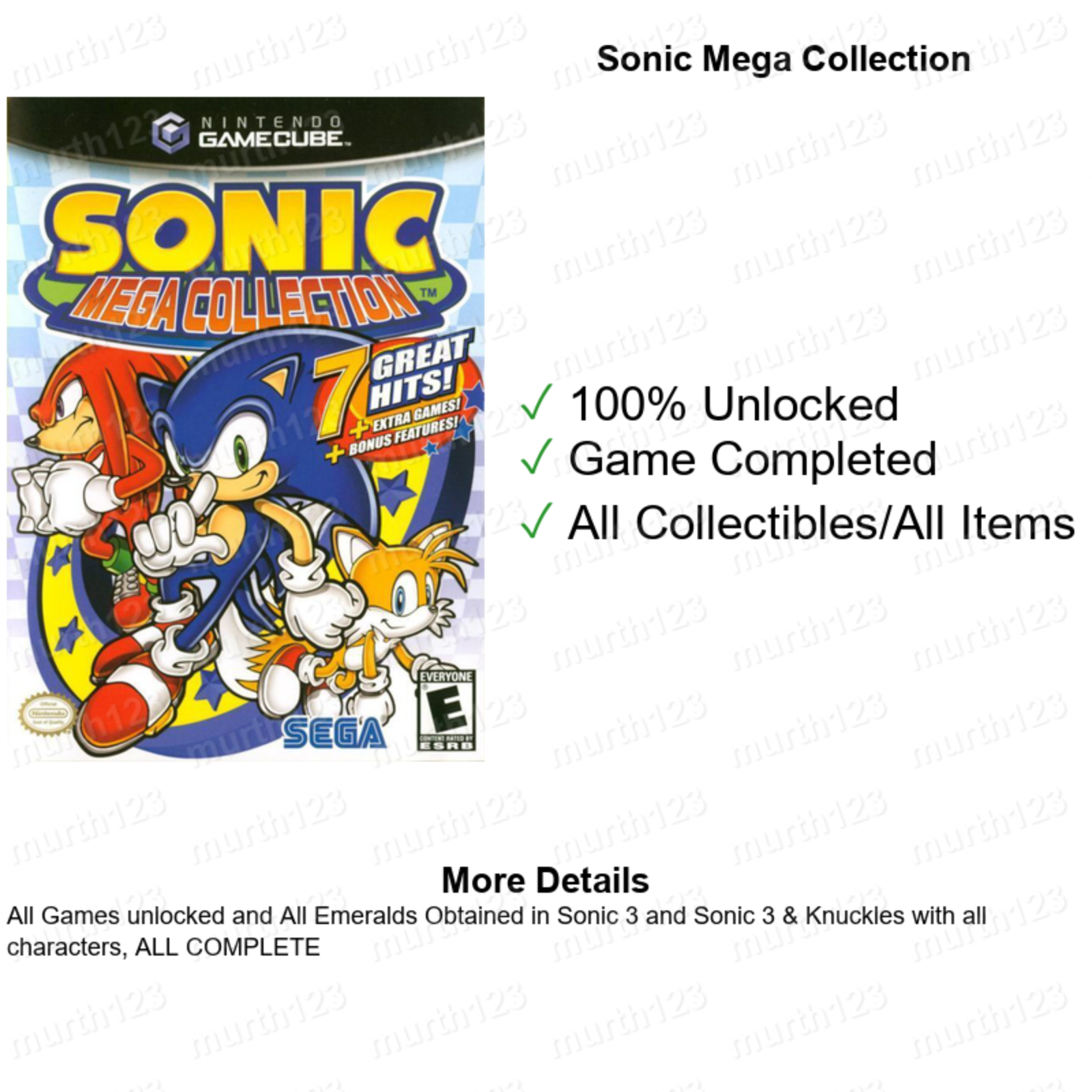 Sonic Mega Collection Riders Heroes Gems Save GameCube Memory Card Unlocked