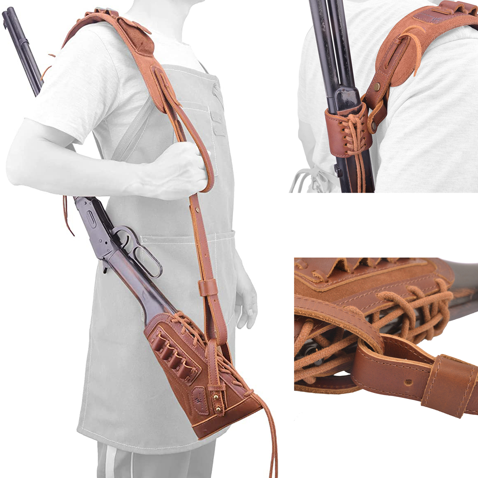 Set of Leather Rifle Buttstock with Sling & No Drill Barrel Mount .22LR .308.357