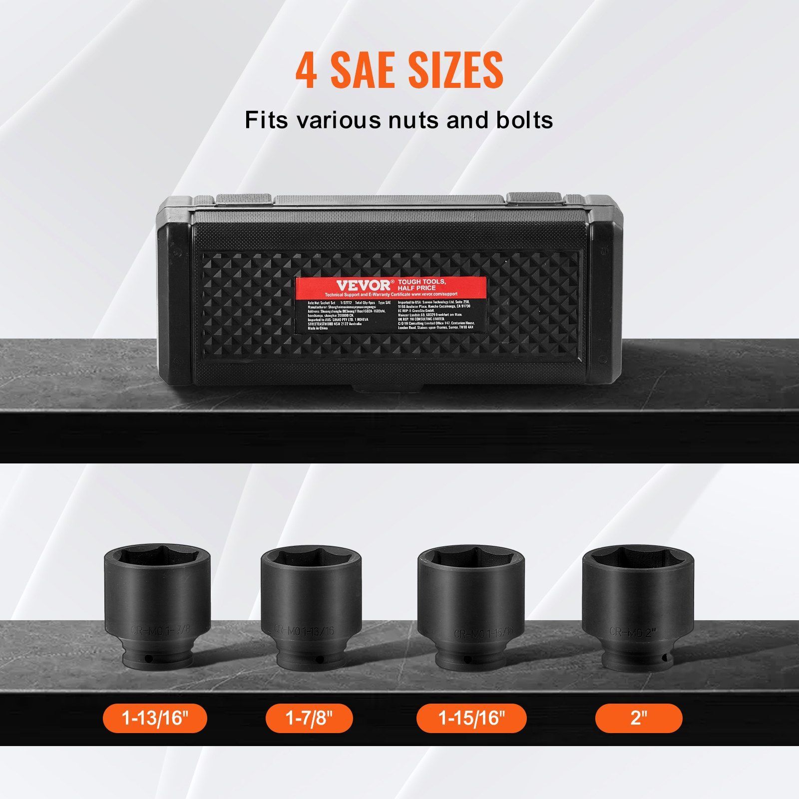 Axle Nut Impact Socket Set 1/2" Drive 6-Point 4PCS SAE Spindle Nut Socket