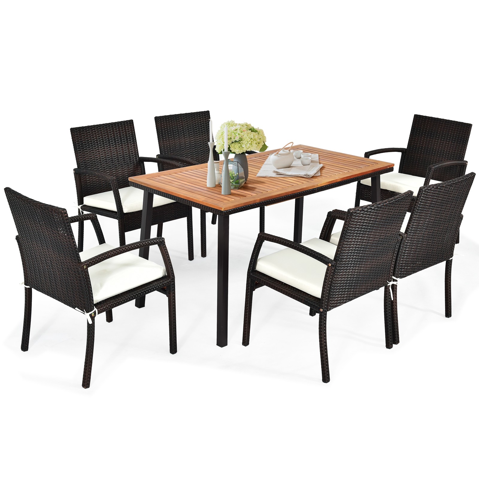Costway 7PCS Patio Rattan Furniture Dining Set Wooden Table Cushioned Chair