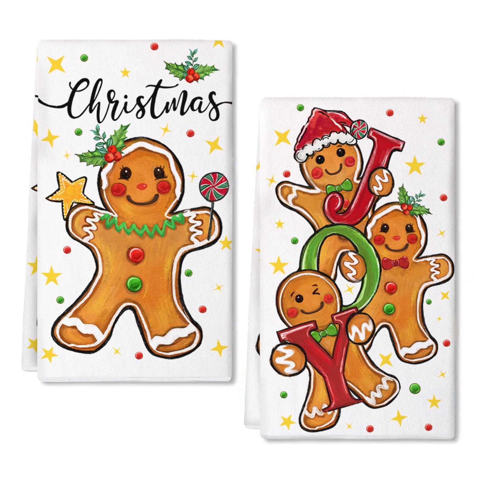 ARKENY Gingerbread Man Christmas Kitchen Towels Set of 2,White 18"x26", Red