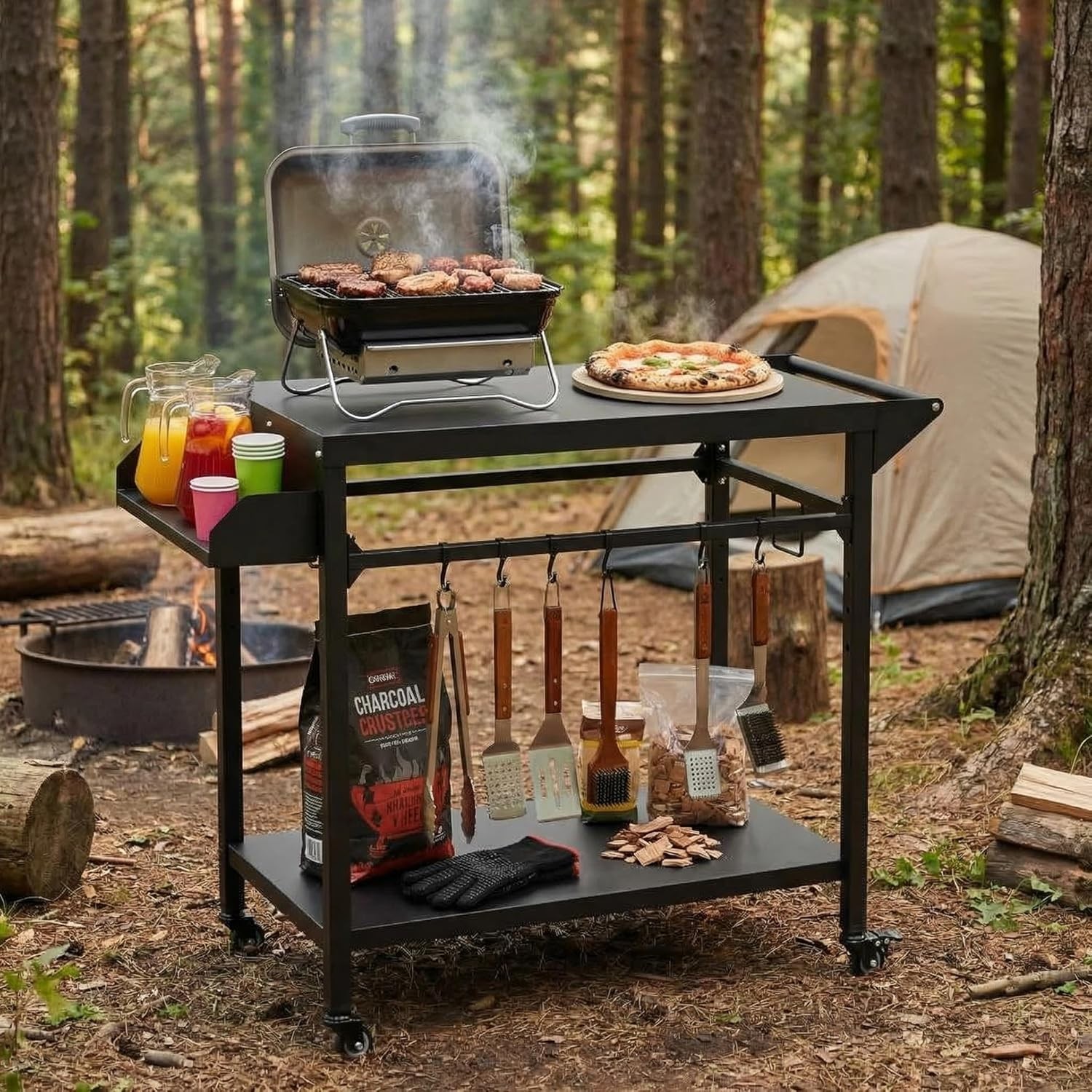 300 lbs Heavy Duty Grill Cart, Rolling BBQ Table, Storage Shelf,Adjustable Racks