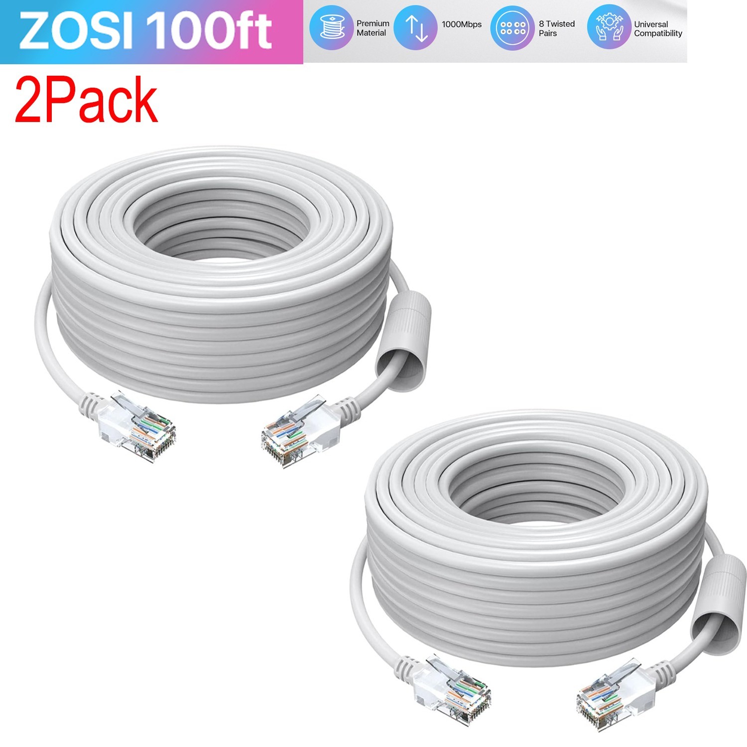 ZOSI 2-Pack 100ft Cat5e Ethernet Security Cameras RJ45 POE Cable Network Wire