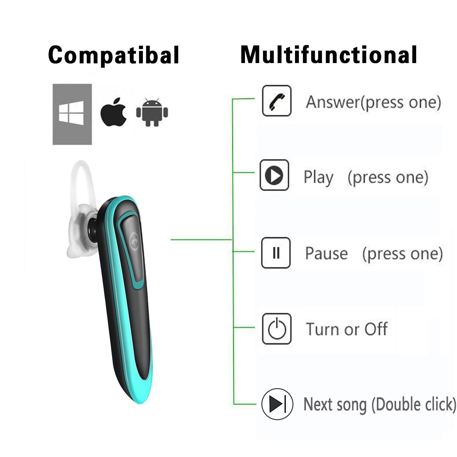 [New] Bluetooth Headset, Sunay V4.1 Mini Wireless Bluetooth Earpiece In-ear