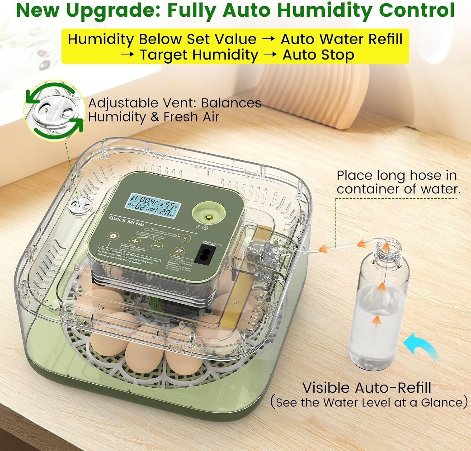 12 Egg Incubator with Automatic Turning Auto Water Refill & Green