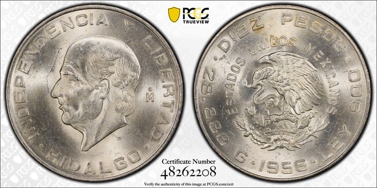 1956 Mo PCGS MS64 - Mexico Silver 10 Peso Hildago Independence Coin #61107A