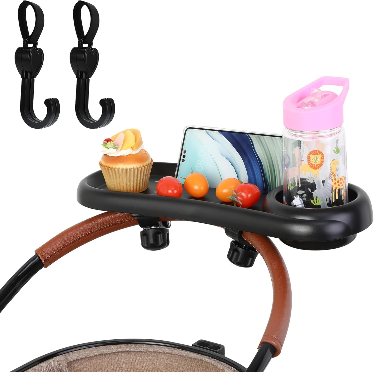 Stroller Snack Tray, 3 in 1 Stroller Cup Holder with Phone Holder and 2 Pack Lov