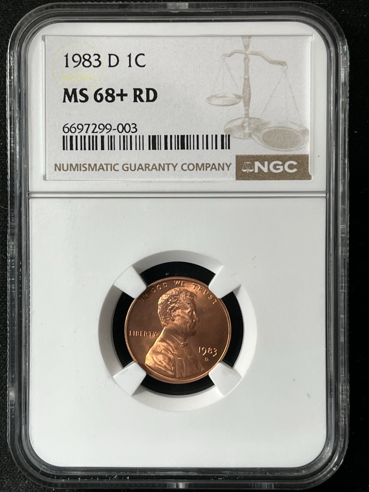 1983-D  1C RD  Lincoln Memorial One Cent  NGC MS68+RD  6697299-003
