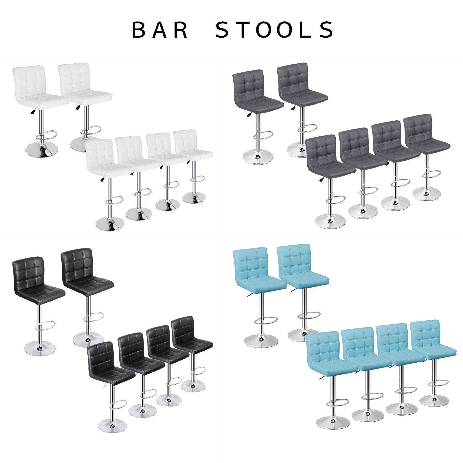 Set of 2/4 Adjustable Bar Stools PU Leather 360 Degree Swivel Chairs with Back