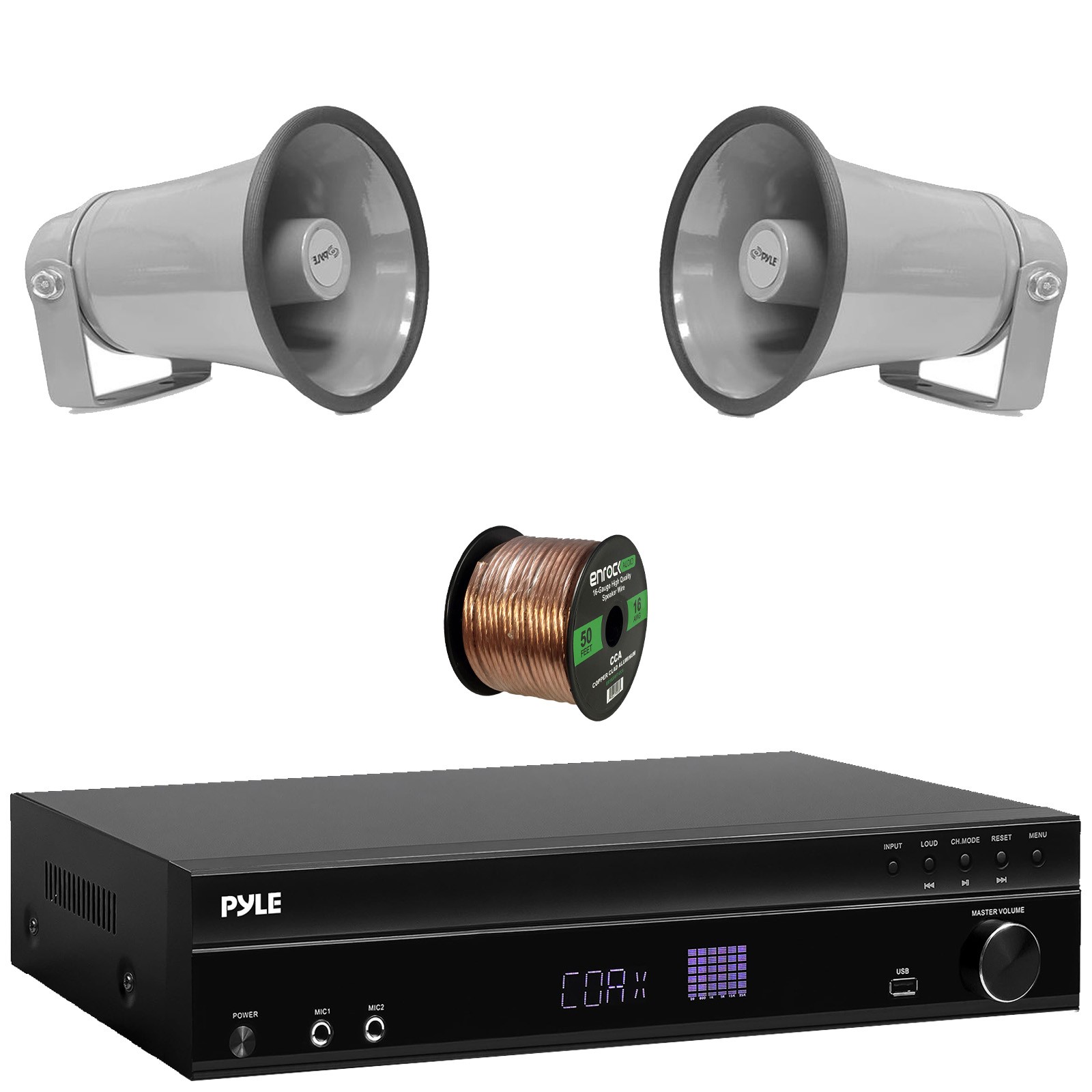 Pyle PT875BT USB-A Bluetooth Home Receiver, 2x 8.1'' 50W PA Horn Speakers, Wire