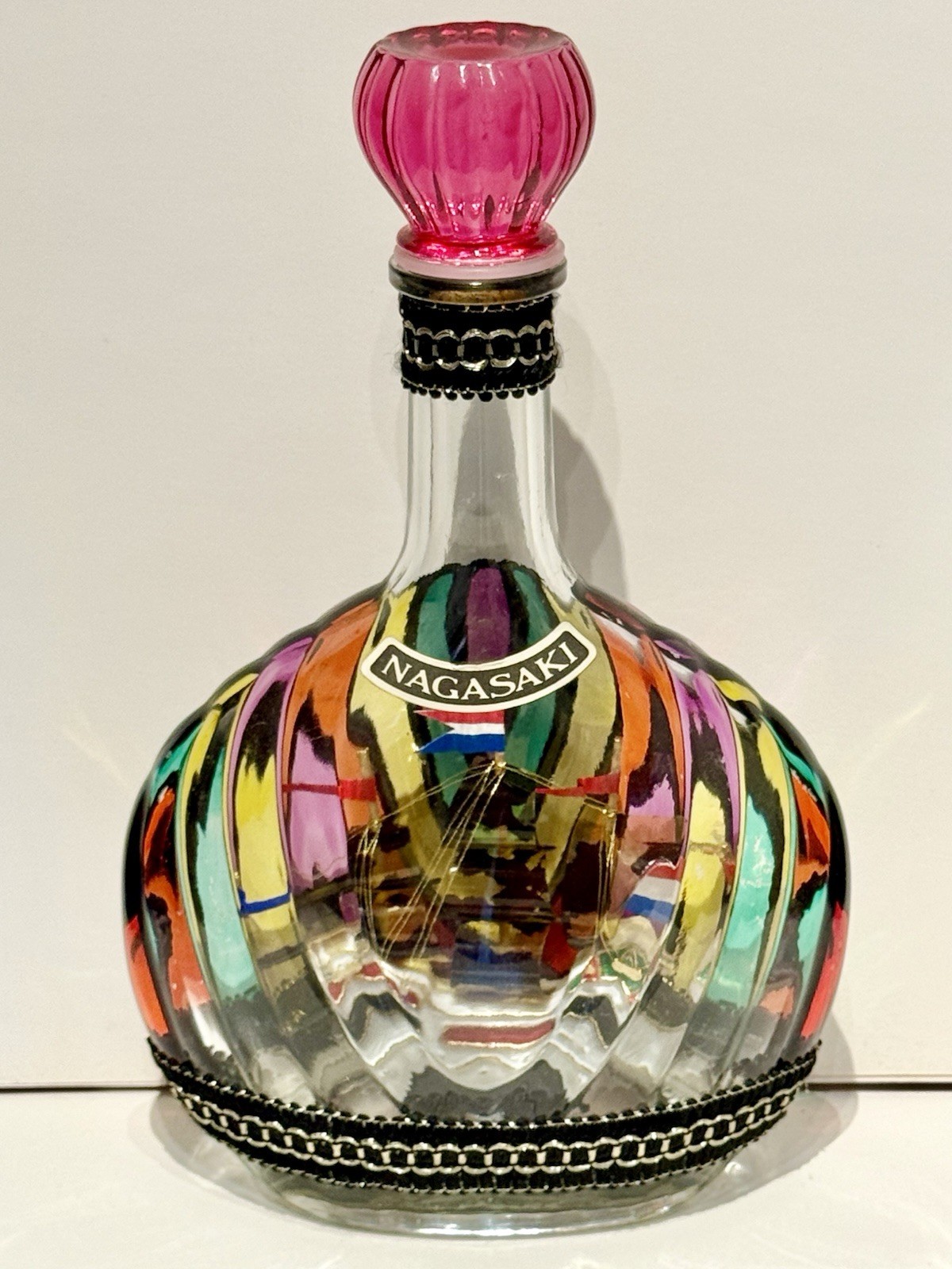 Vtg Suntory LIquor Nagasaki Ornate Colorful Ship In a Bottle Faux Tortoise Sail