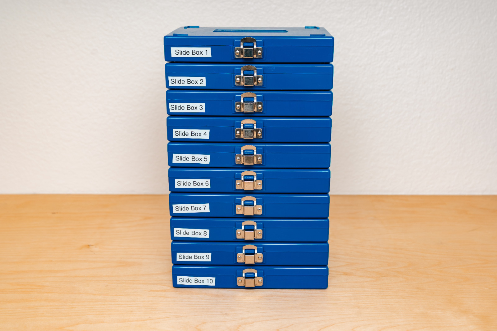 Lot of 10 Microscope Slide Boxes, 100 Slots, Blue